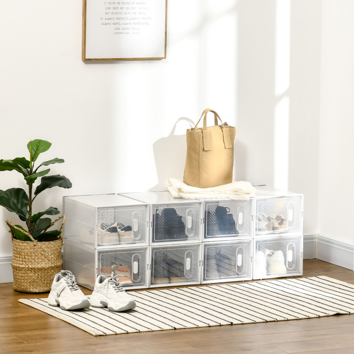 HOMCOM Lot de 8 boites cubes rangement à chaussures modulable avec portes transparentes - dim. 25L x 35l x 19H cm - PP blanc transparent