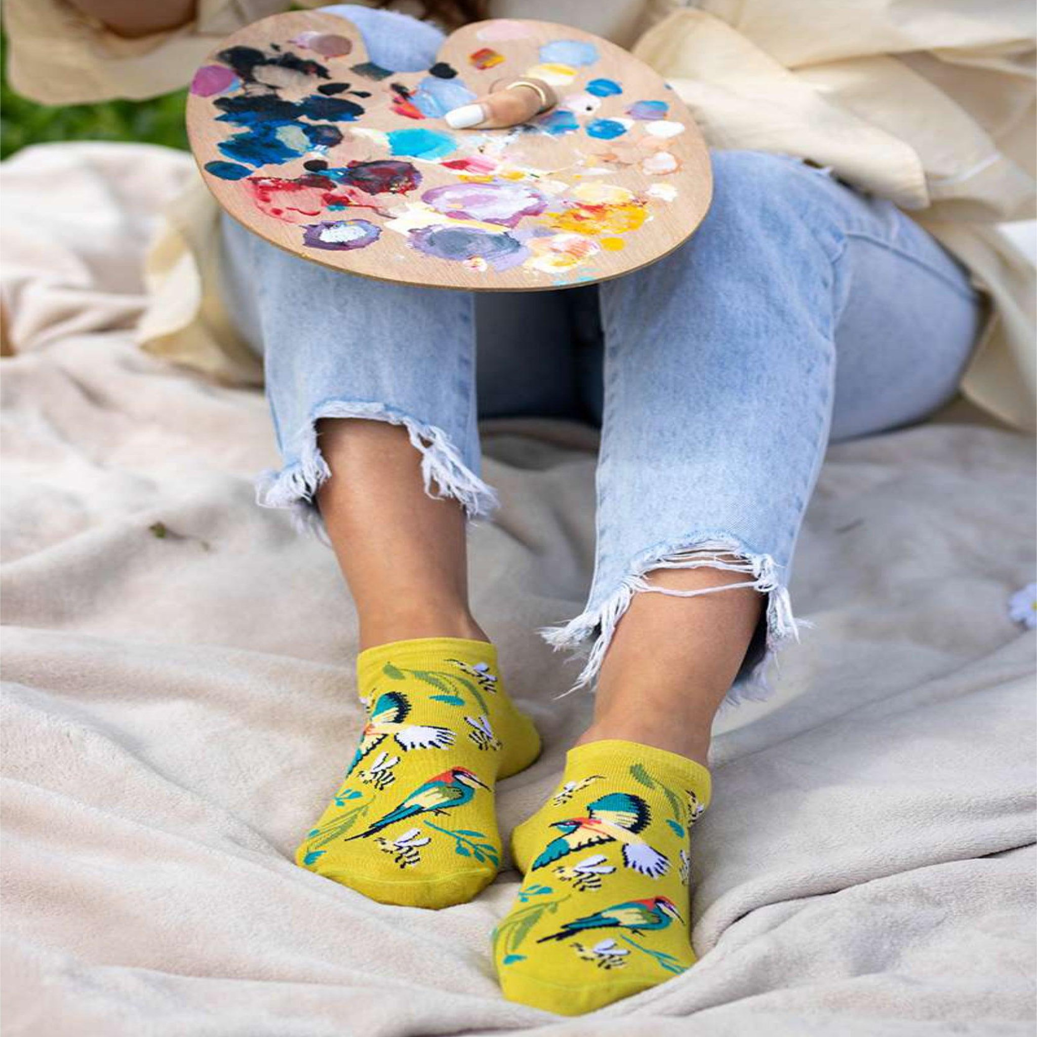 Voir la diapositive 3 : PIRIN HILL Socquettes en bambou oiseaux & fleurs - jaunes citron