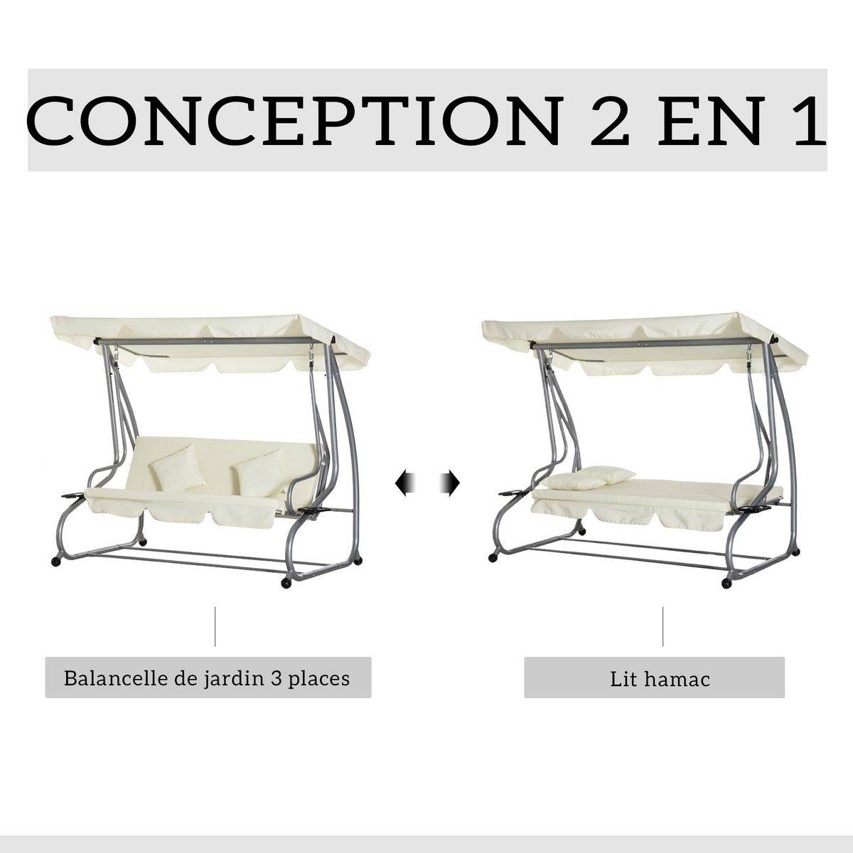 OUTSUNNY Balancelle de jardin 3 places convertible toit inclinaison réglable 2 tablettes support acier époxy gris polyester crème