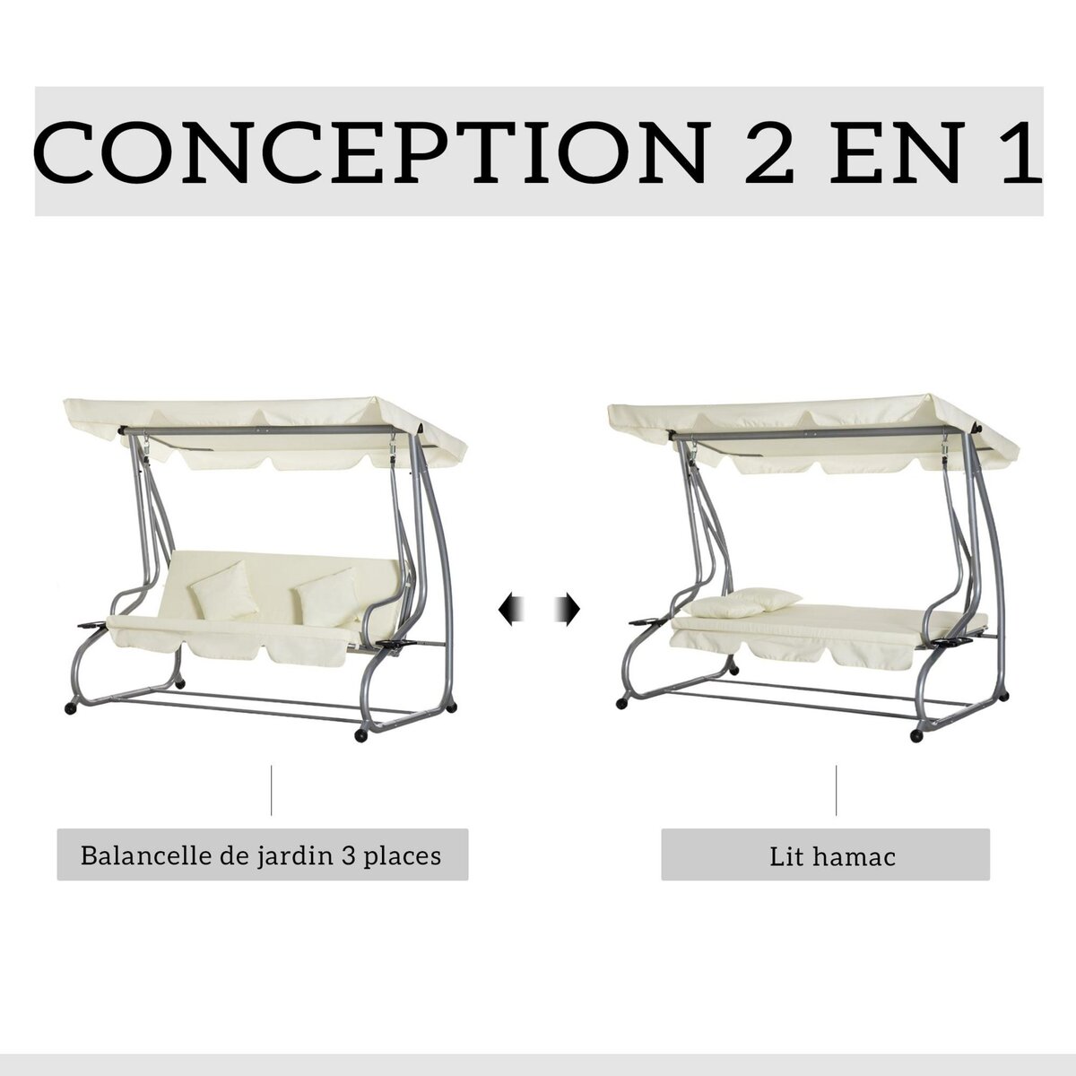 OUTSUNNY Balancelle de jardin 3 places convertible toit inclinaison réglable 2 tablettes support acier époxy gris polyester crème