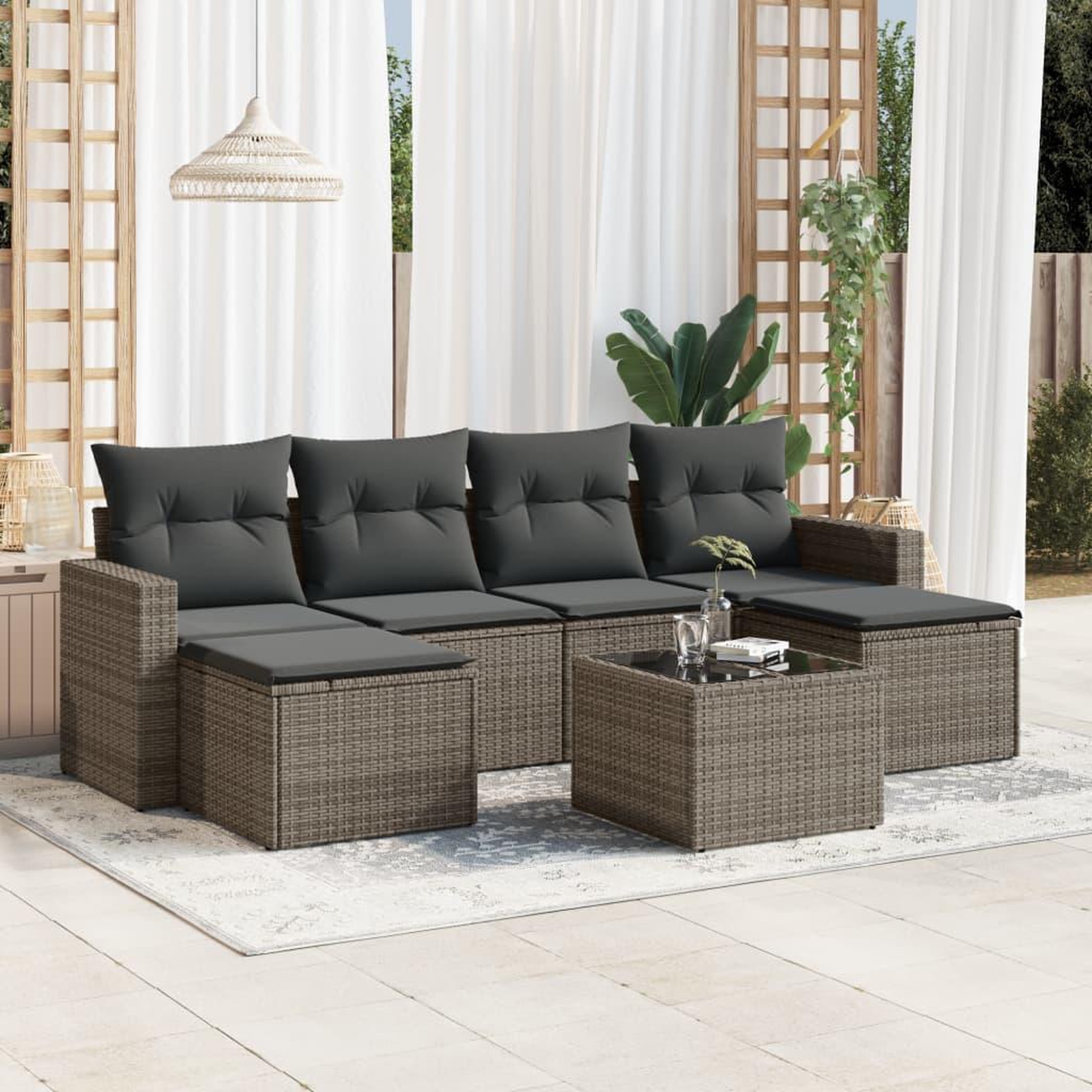 VIDAXL Salon de jardin avec coussins 7 pcs gris resine tressee