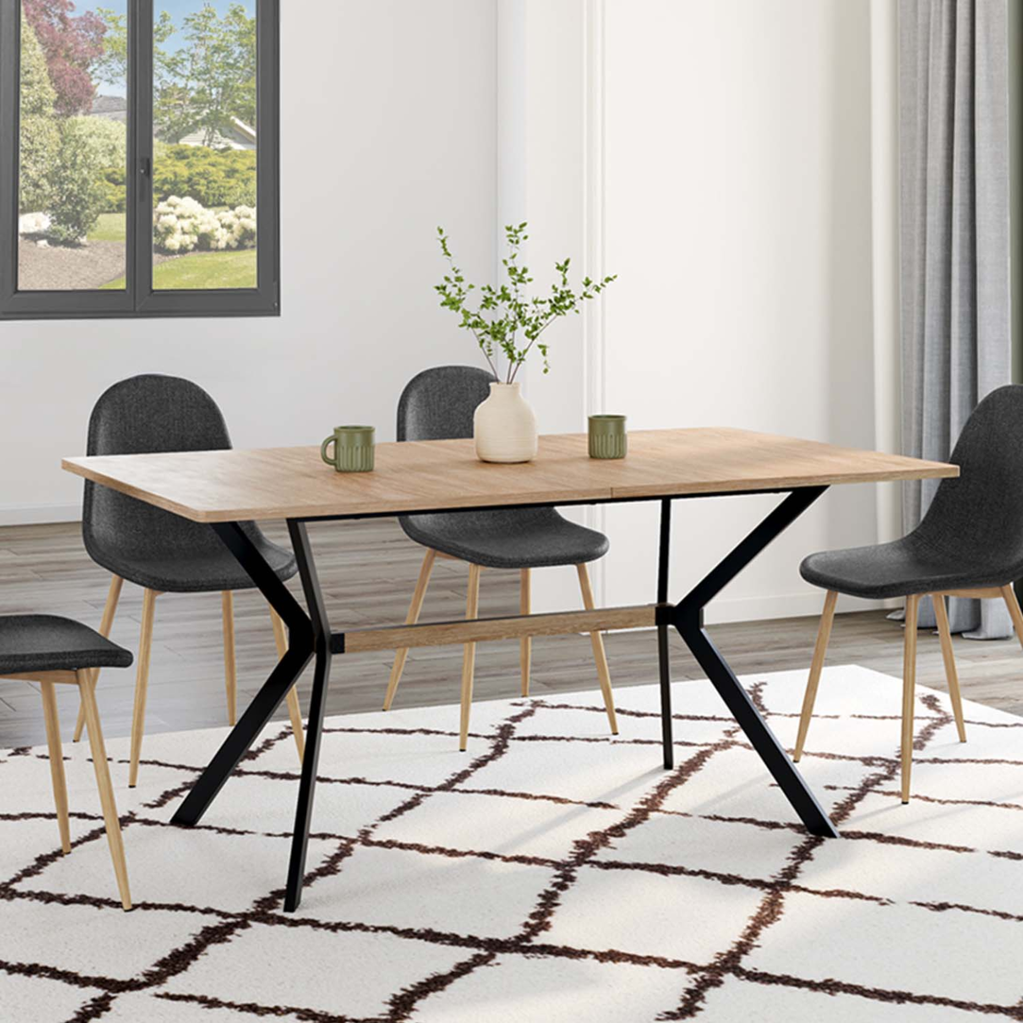 Voir la diapositive 2 : ID MARKET Table à manger rectangle louison 8 personnes bois et noir design industriel 160 cm