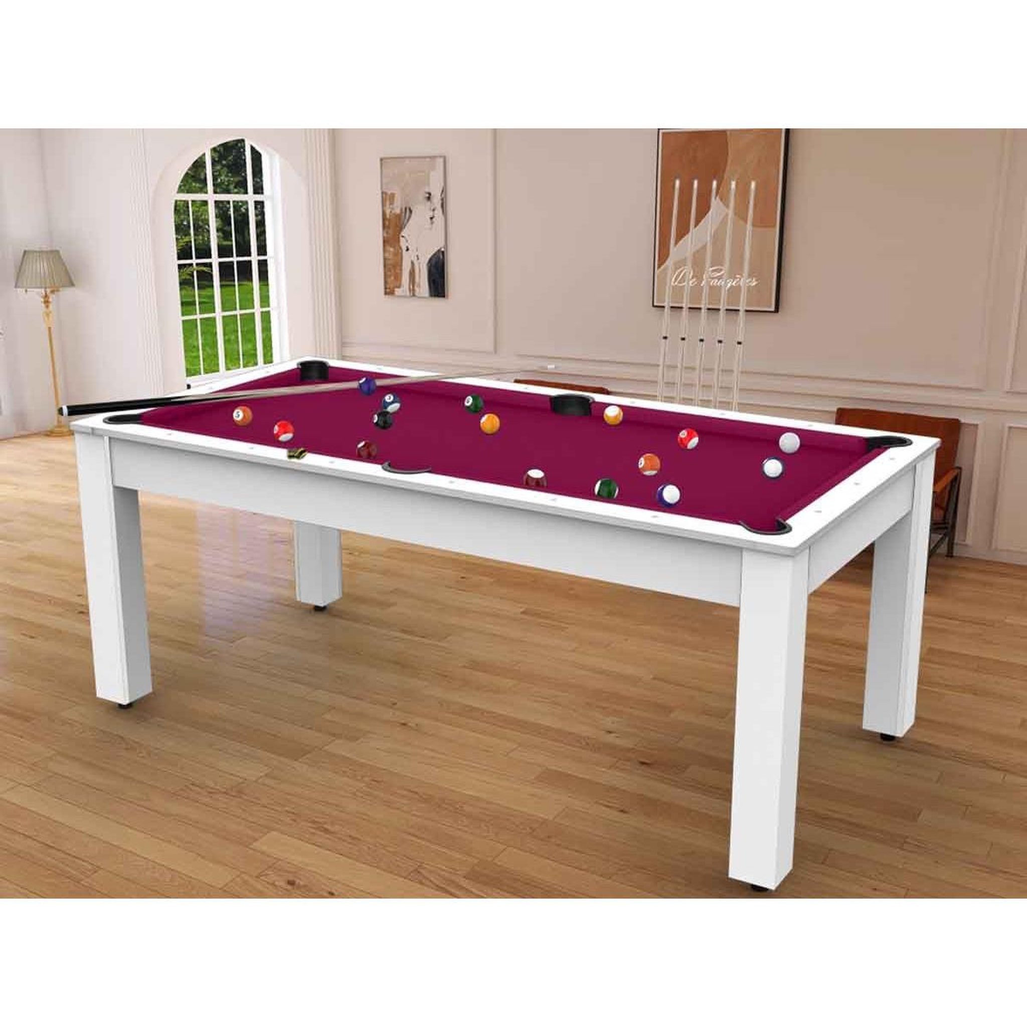 Voir la diapositive 4 : DE FAUGERES Table de Billard Convertible  Oregon  213cm Blanc & Prune
