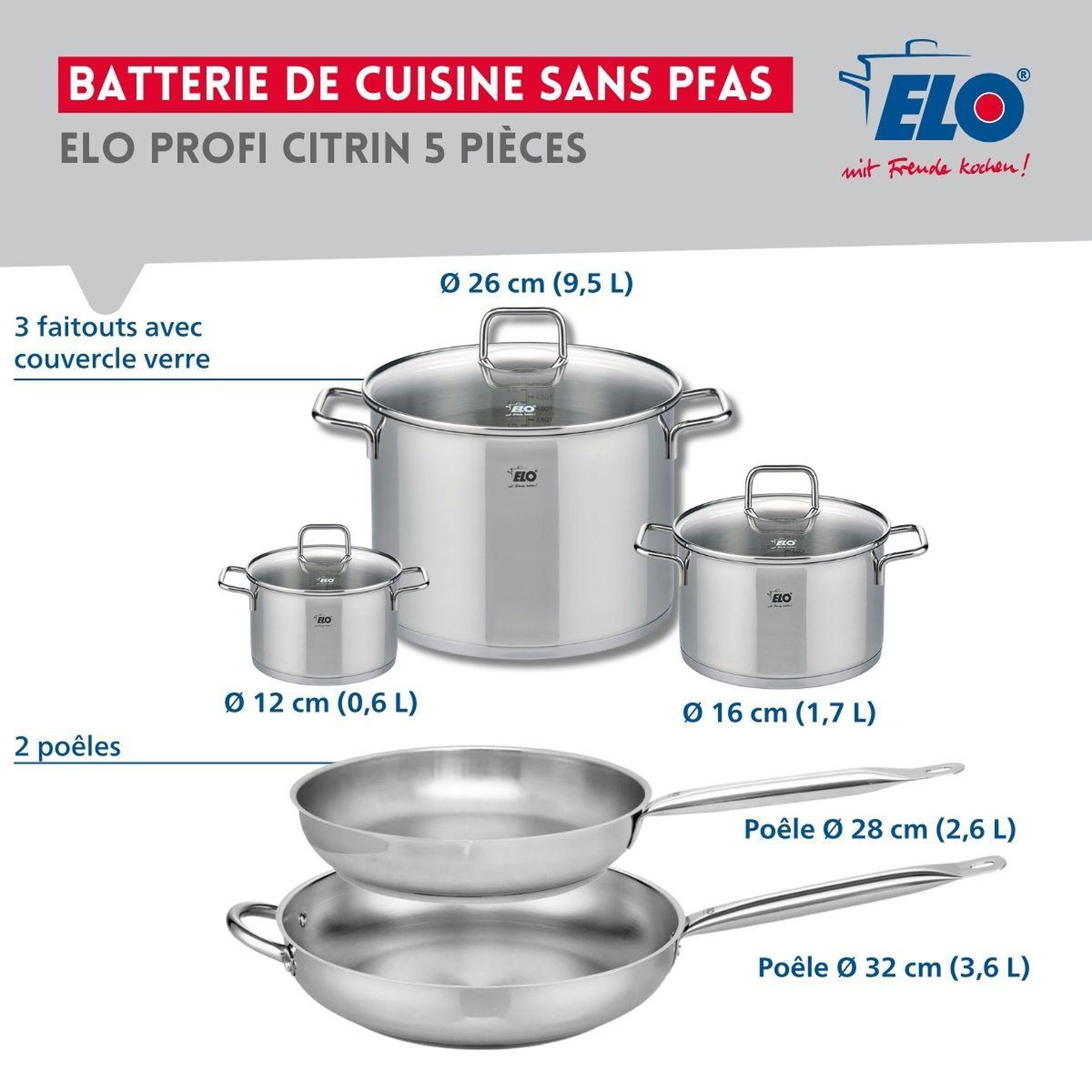 Voir la diapositive 2 : ELO Ensemble de 2 poêles de cuisson 28 et 32 cm et 3 faitouts 12, 16 et 26 cm elo profi citrin