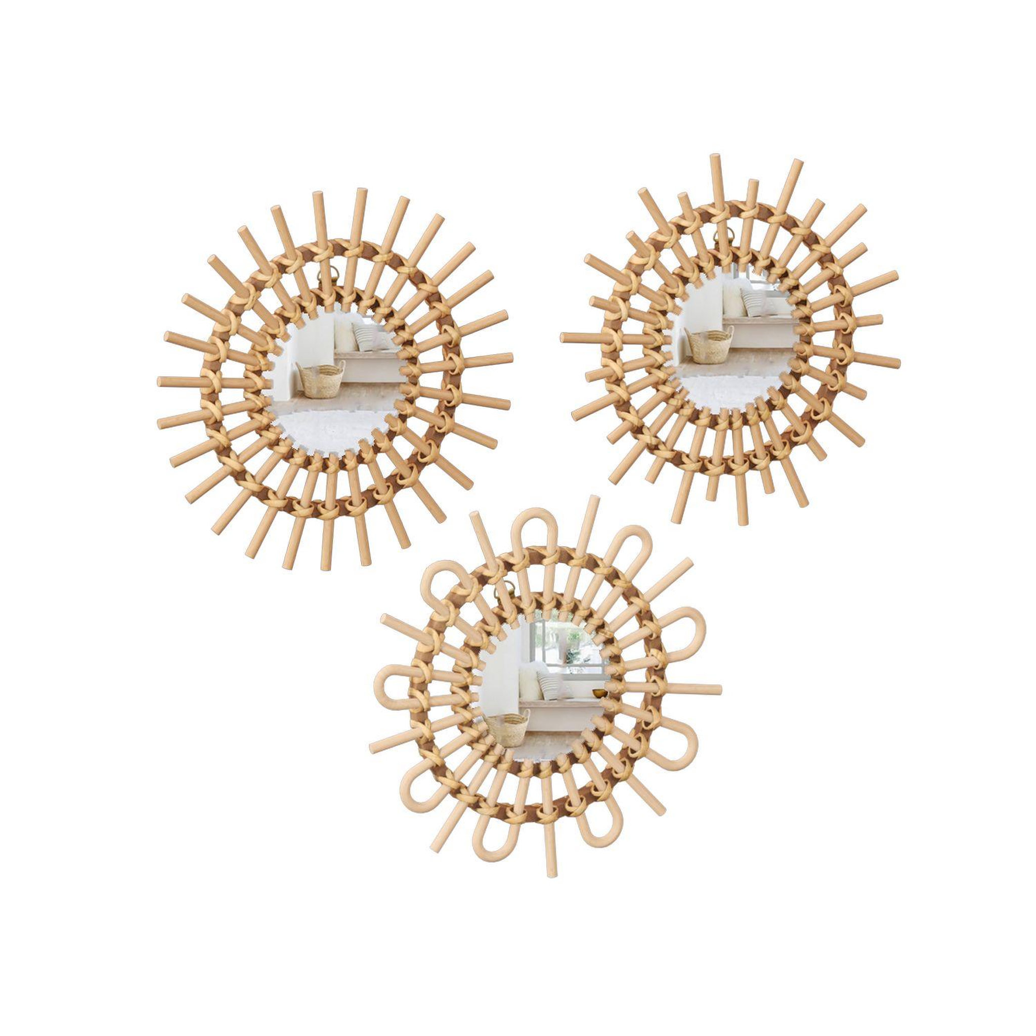 ATMOSPHERA Lot de 3 miroirs Soleil en rotin - Diam. 28 cm - Beige