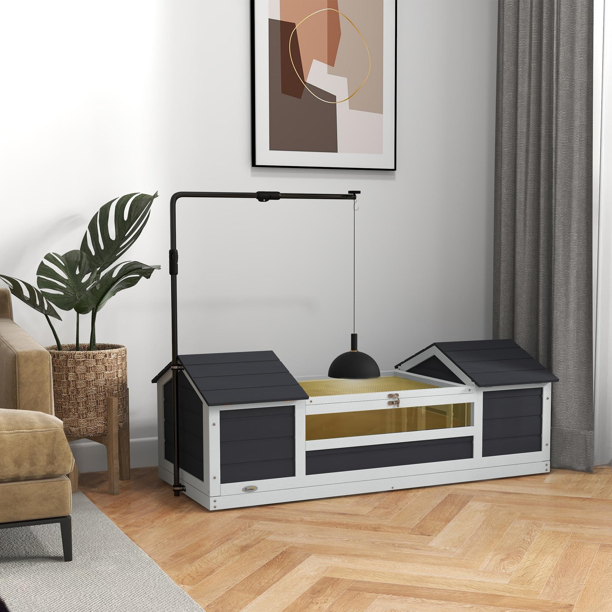 Voir la diapositive 2 : PAWHUT Maison tortue terrestre extérieure - enclos tortue 2 niches, support lampe réglable, toit ouvrable - acrylique bois gris