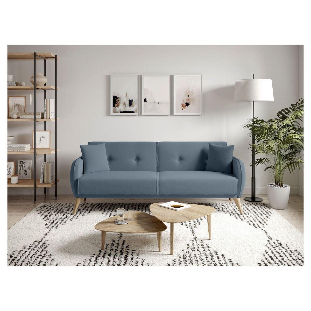 Canapé droit convertible 3 places tissu pieds bois clair BONJO