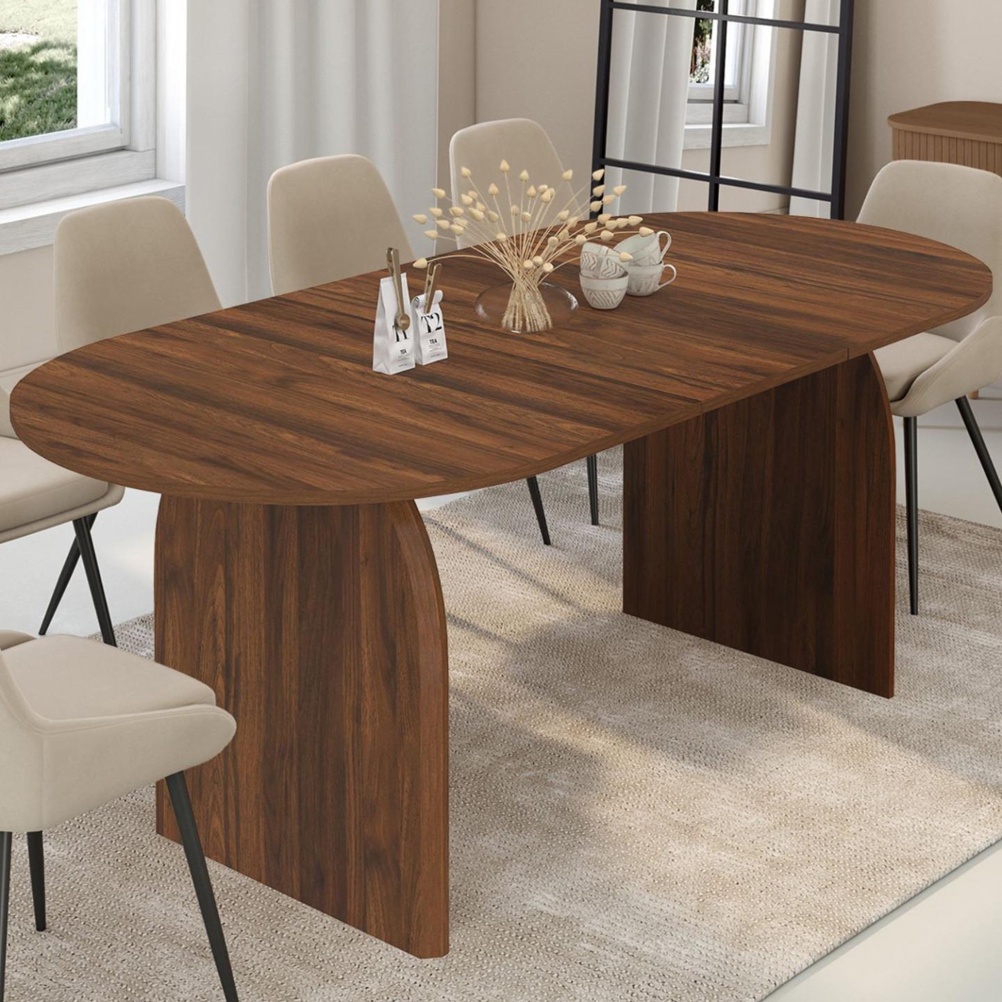 Voir la diapositive 2 : ID MARKET Table à manger extensible japandi ovale edith 6-10 personnes effet noyer 160 - 200 cm