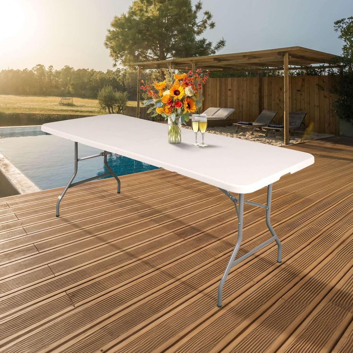 SUNNYDAYS Table de réception pliante pour 8 personnes - Blanc