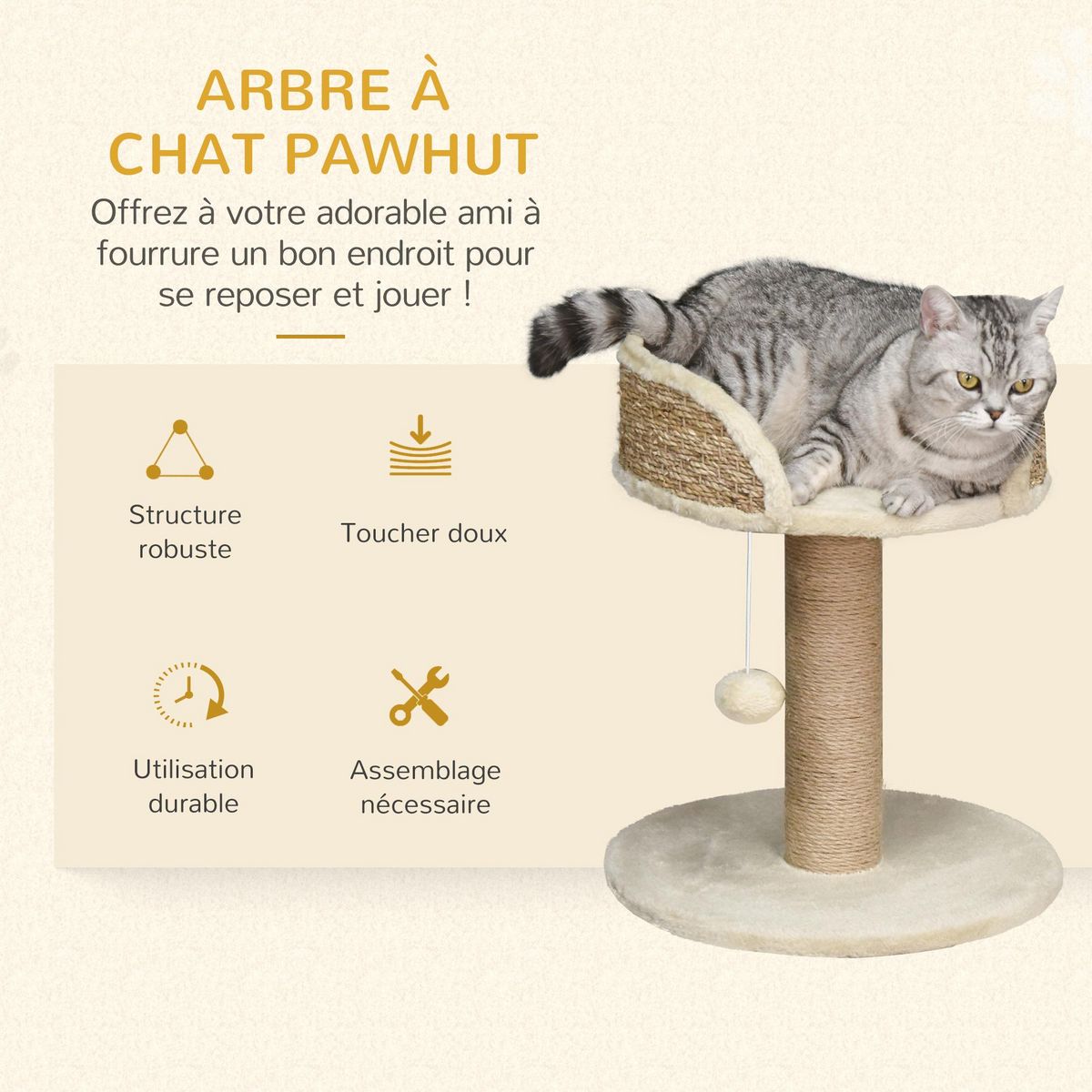 PAWHUT Arbre à chat griffoir 2 niveaux H. 49 cm - poteau sisal, plateforme observation, jeu de boule suspendue - jute polyester beige
