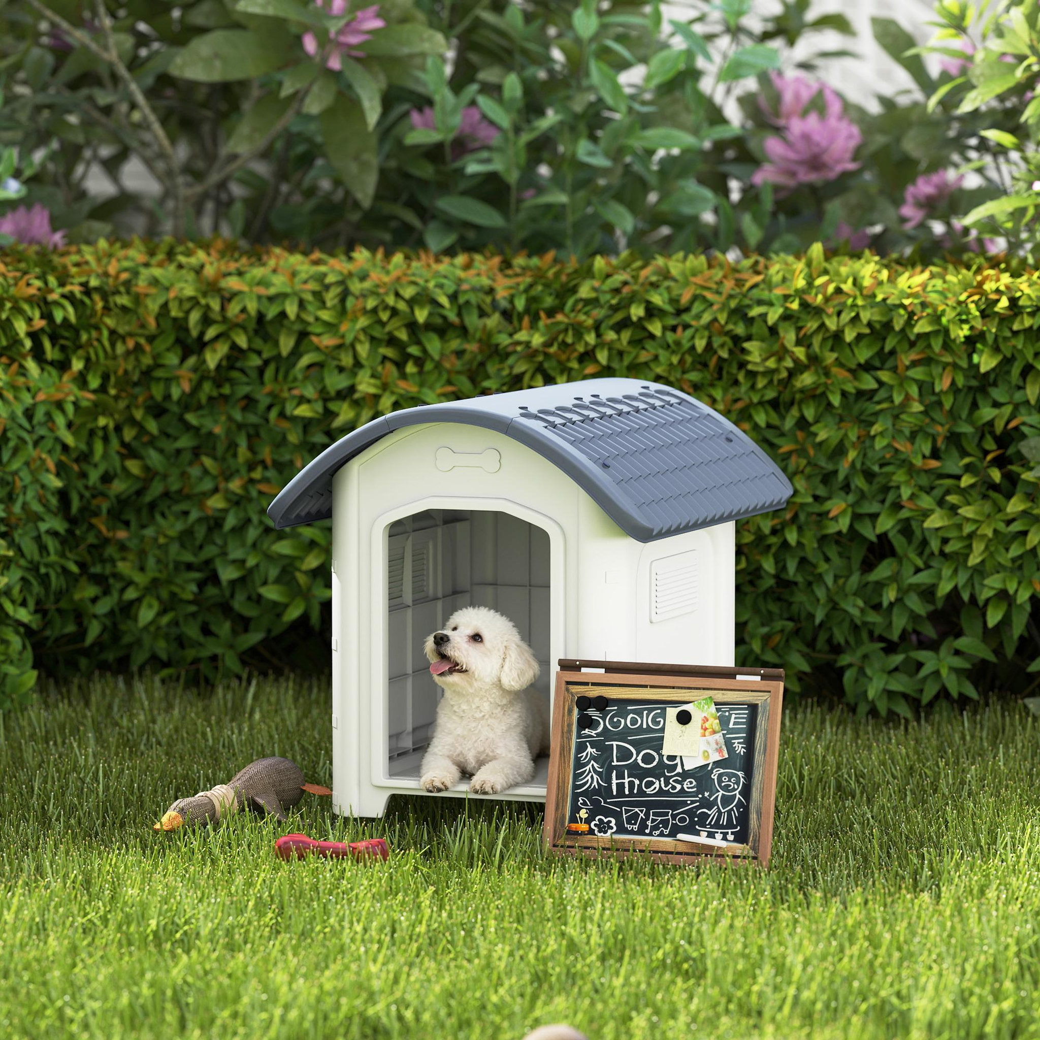 Voir la diapositive 6 : PAWHUT Niche chien plastique design bicolore gris blanc toit cintré 71 x 60 x 63 cm