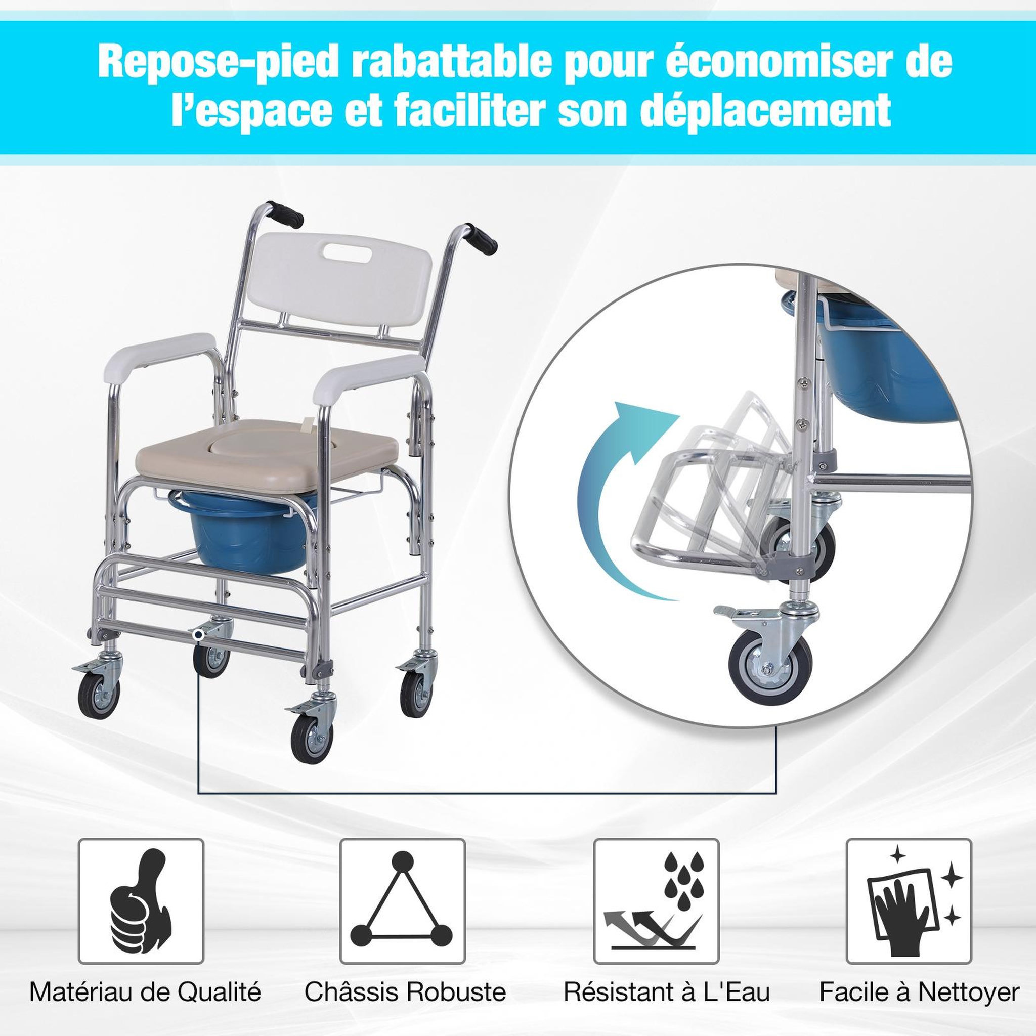 Voir la diapositive 4 : HOMCOM HOMCOM Chaise percée à roulettes - fauteuil roulant percé - chaise de douche - seau amovible, accoudoirs, repose-pied - acier chromé HDPE blanc