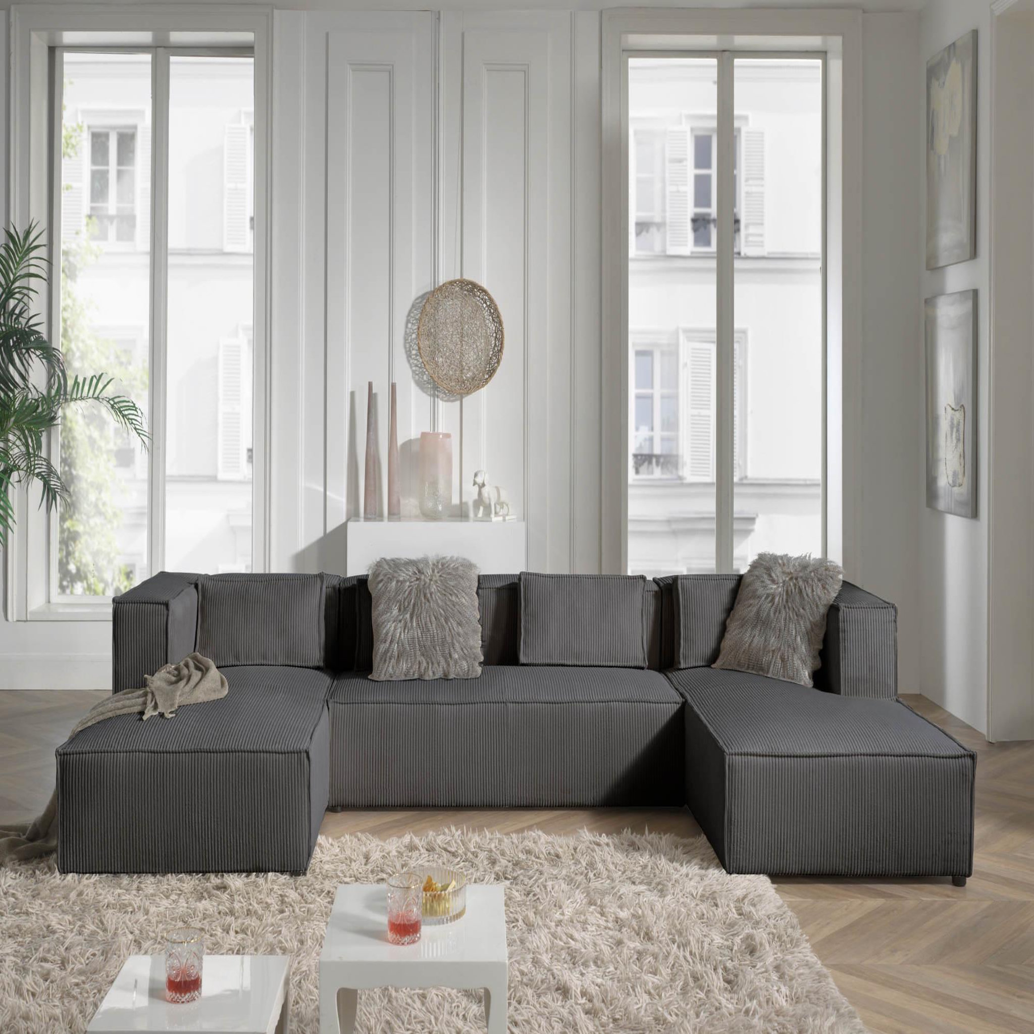 Voir la diapositive 2 : BEST MOBILIER Stella - canapé panoramique en u - 7 places - en velours côtelé