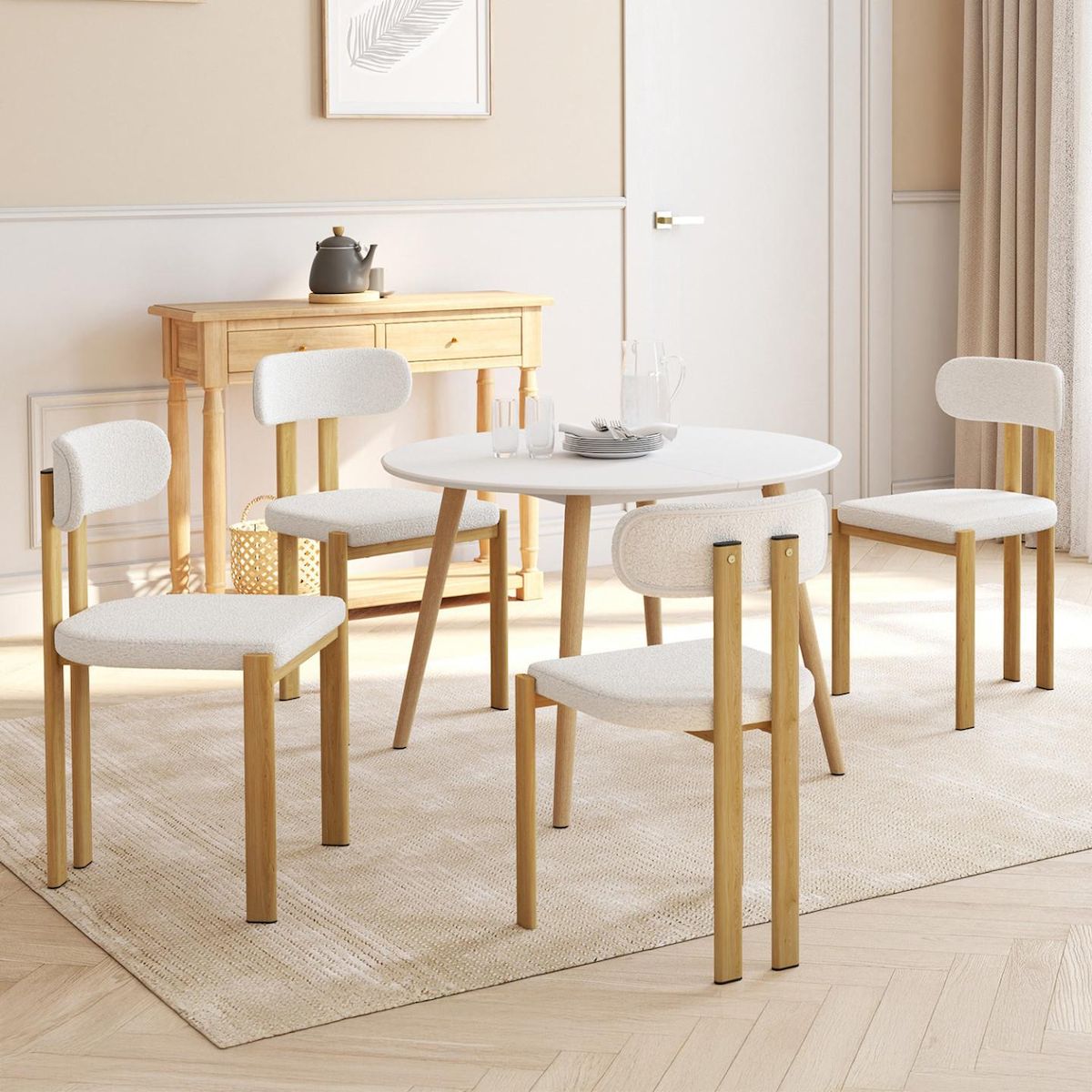 ID MARKET Lot de 4 chaises ESMA en métal effet bois et tissu bouclette pour salle à manger