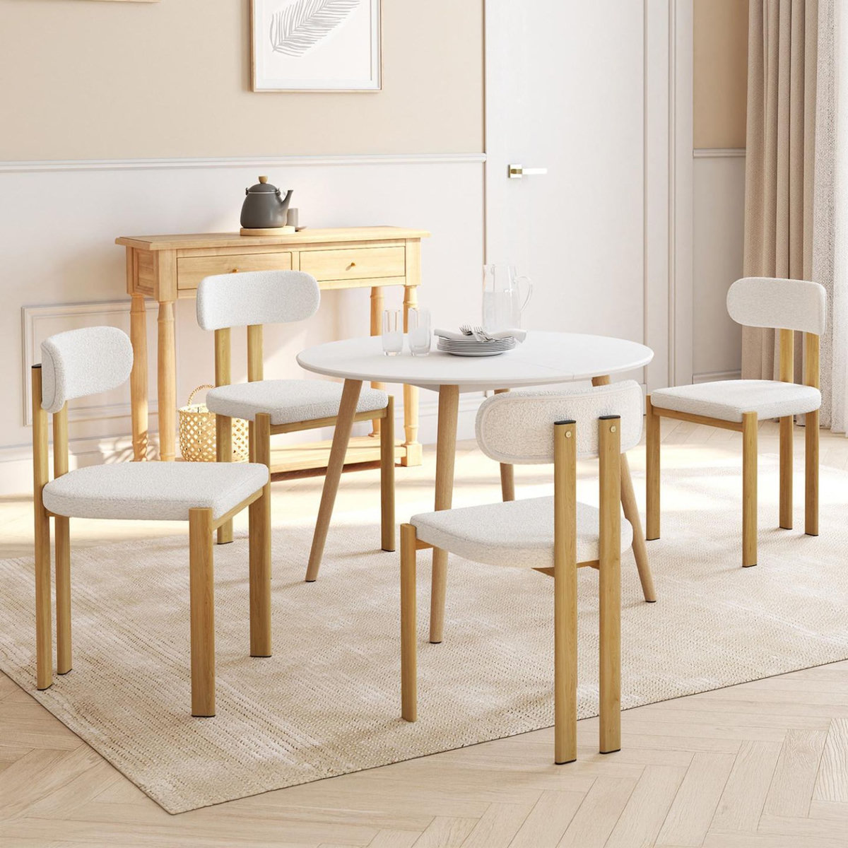 ID MARKET Lot de 4 chaises ESMA en métal effet bois et tissu bouclette pour salle à manger