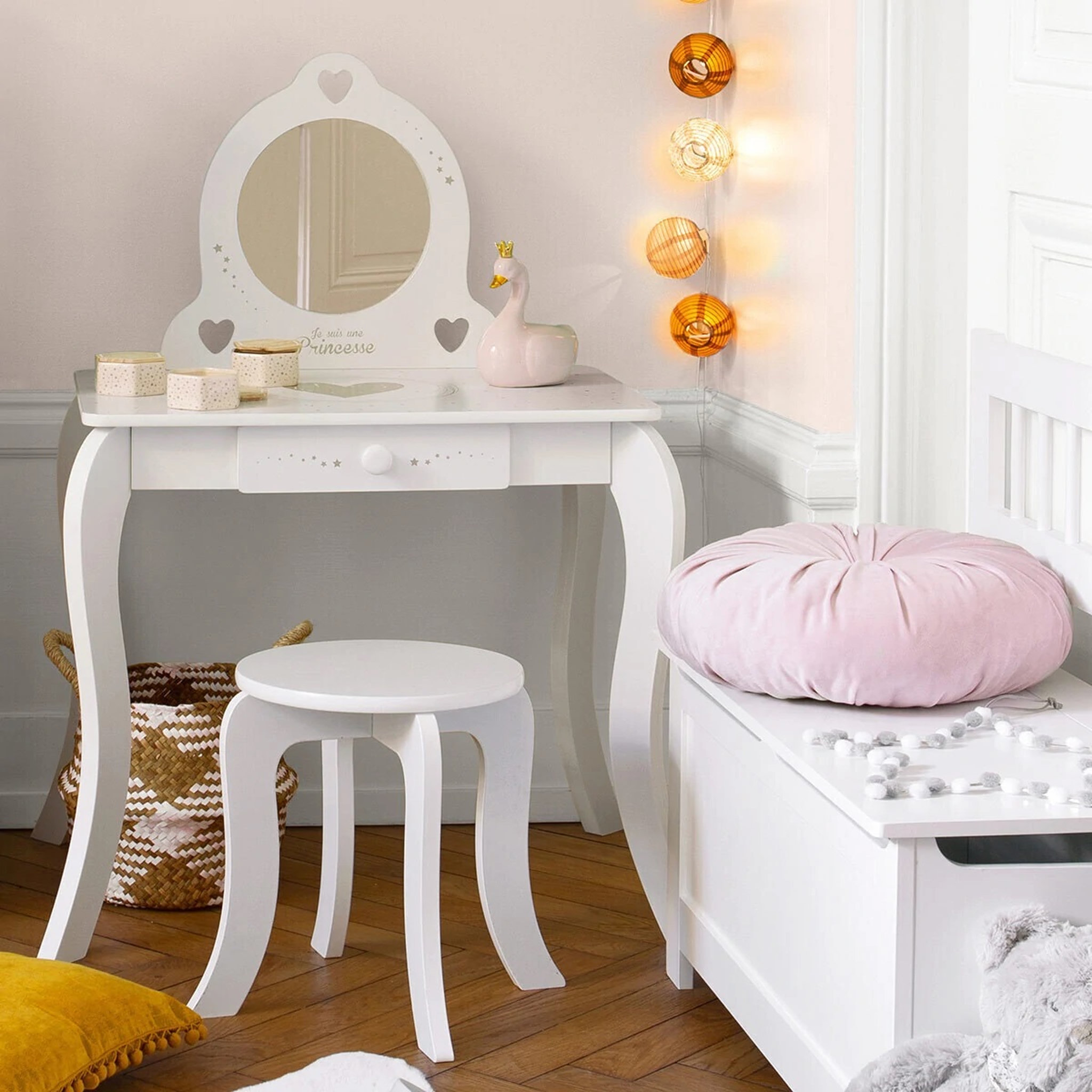 ATMOSPHERA Coiffeuse enfant 1 tiroir  avec miroir et tabouret JASMINE