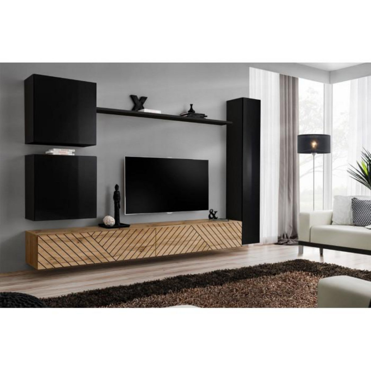 Paris Prix Ensemble Meuble TV  Switch Lamel VIII  280cm Naturel & Noir