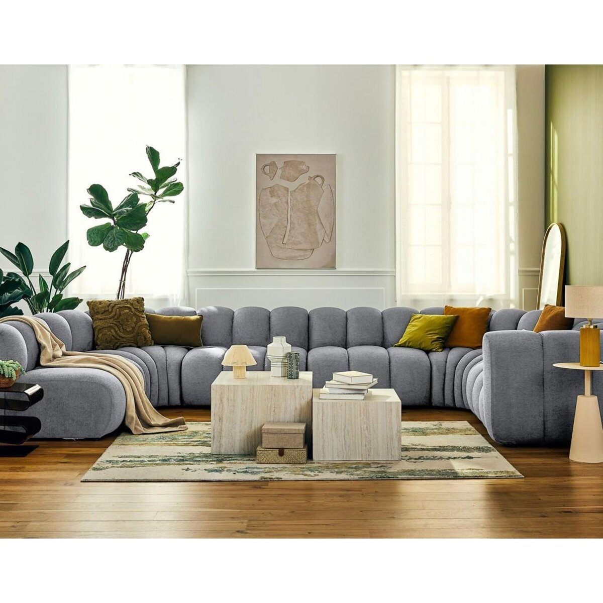 LISA DESIGN Debbie - canapé modulable panoramique d'angle gauche 7 places en tissu texturé