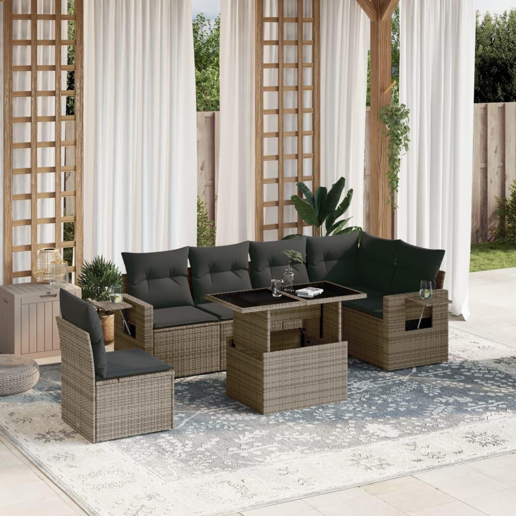 VIDAXL Salon de jardin avec coussins 7 pcs gris resine tressee