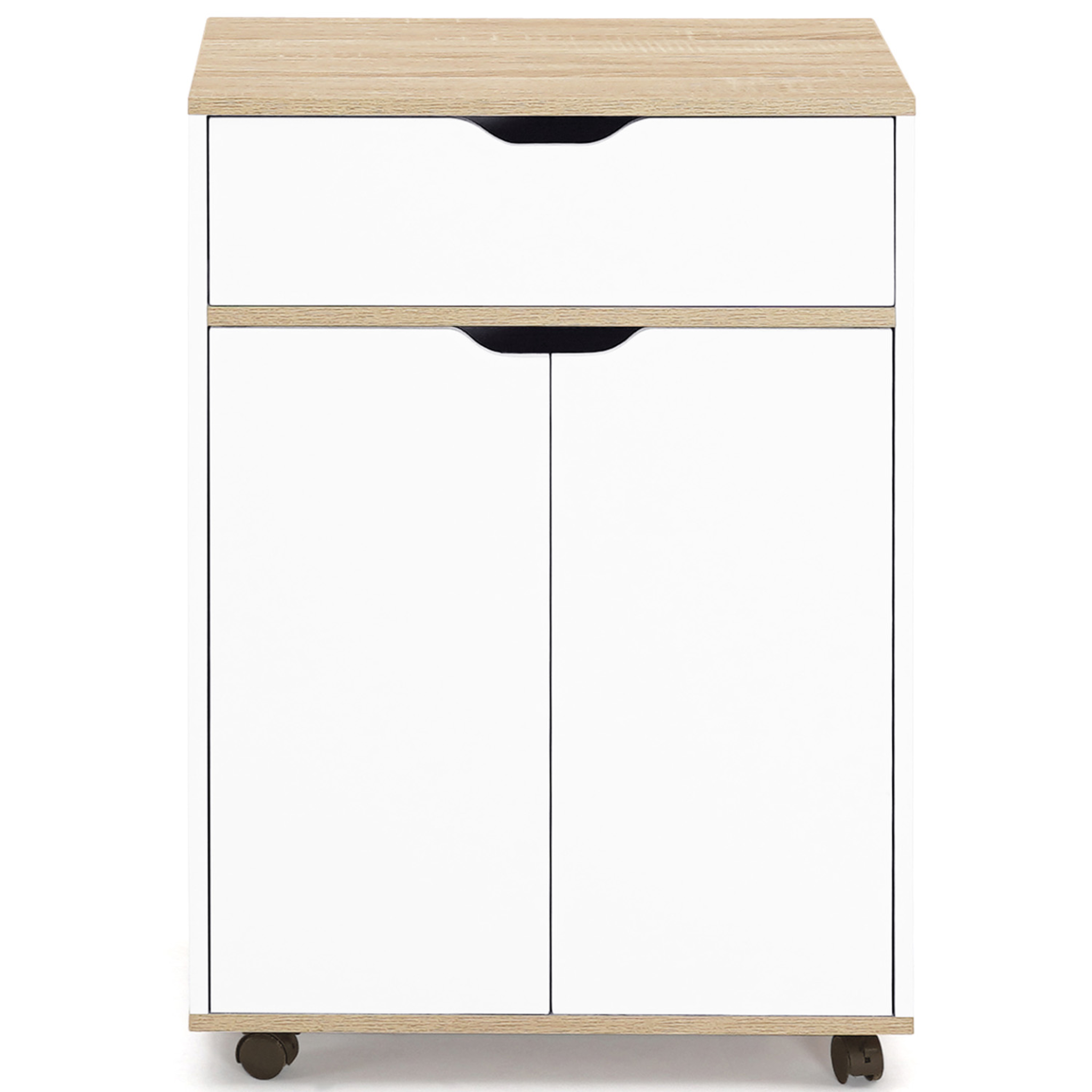 Voir la diapositive 3 : ID MARKET Desserte de cuisine cosy placard avec tiroir bois blanc et plateaux façon hêtre l.60 cm