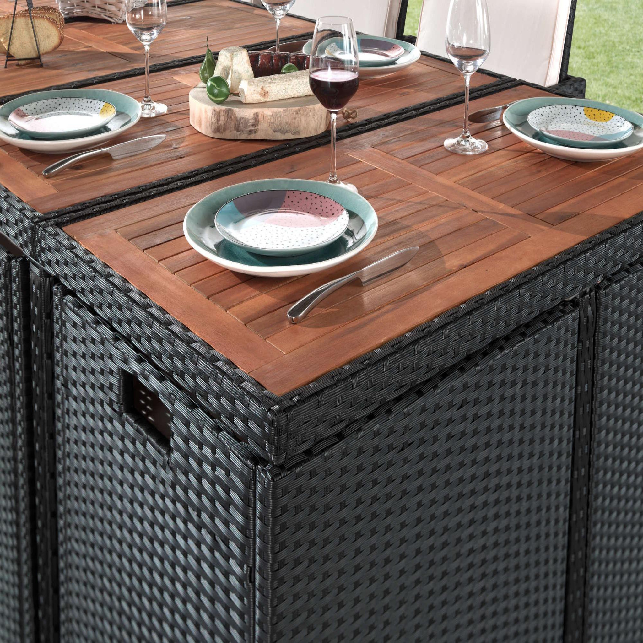 Voir la diapositive 6 : BEST MOBILIER Cuba - salon de jardin encastrable 12 places - en résine tressée - noir avec coussins beiges + housse de protection