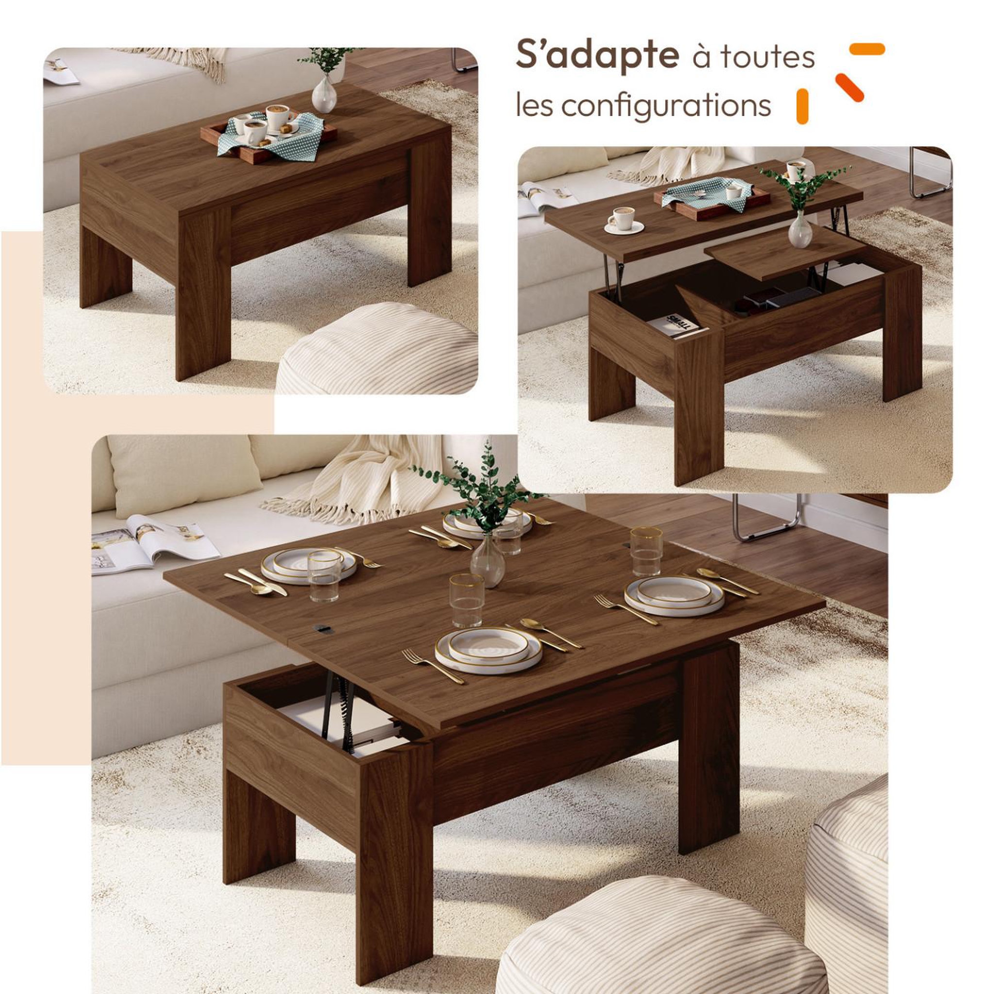 Voir la diapositive 3 : ID MARKET Table basse plateau relevable rectangulaire convertible en table à manger TARA 100 cm bois effet noyer