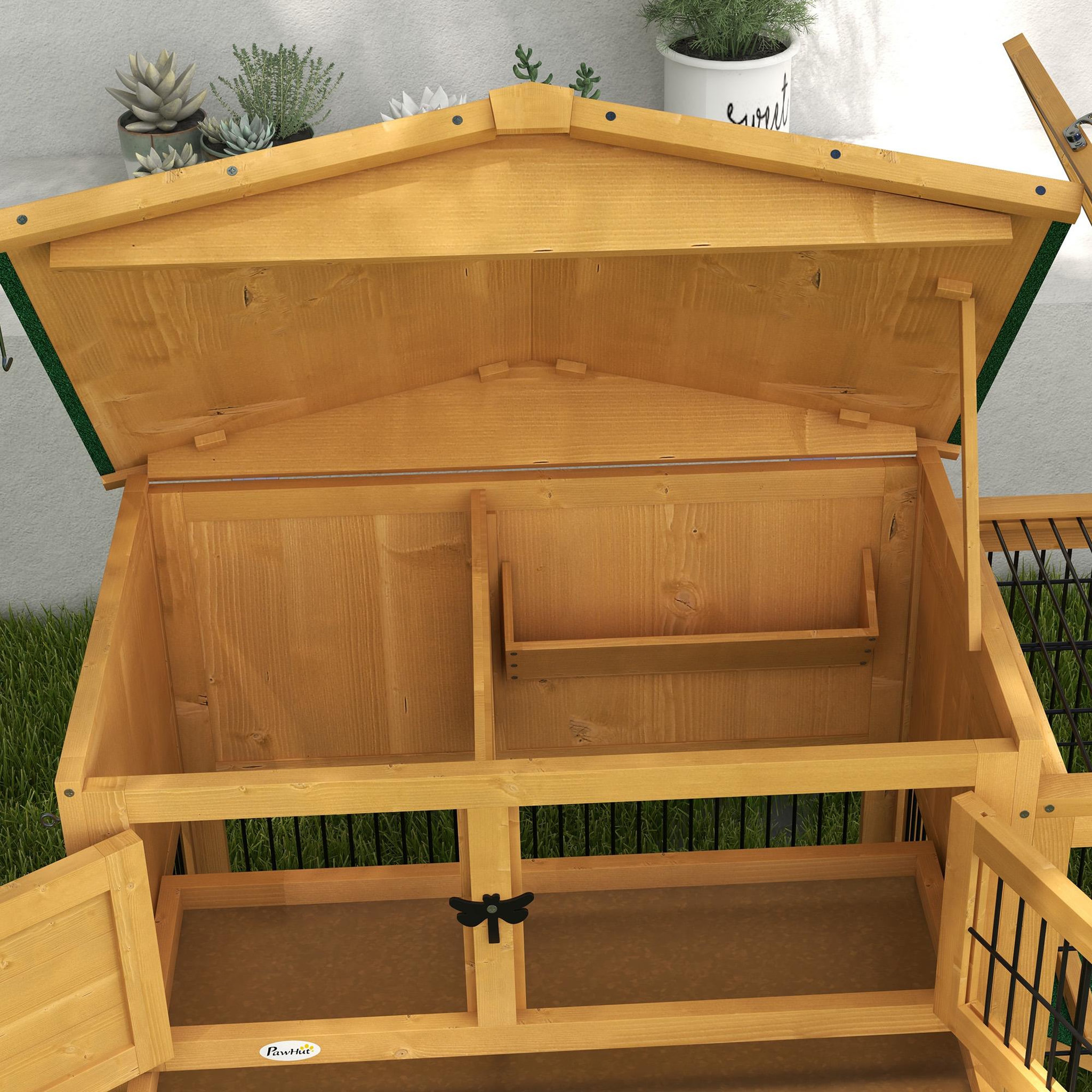 Voir la diapositive 4 : PAWHUT Clapier cage à lapins cottage - niche haute, rampe, enclos extérieur - plateau excrément, toit ouvrant, 2 portes verrouillables - bois naturel