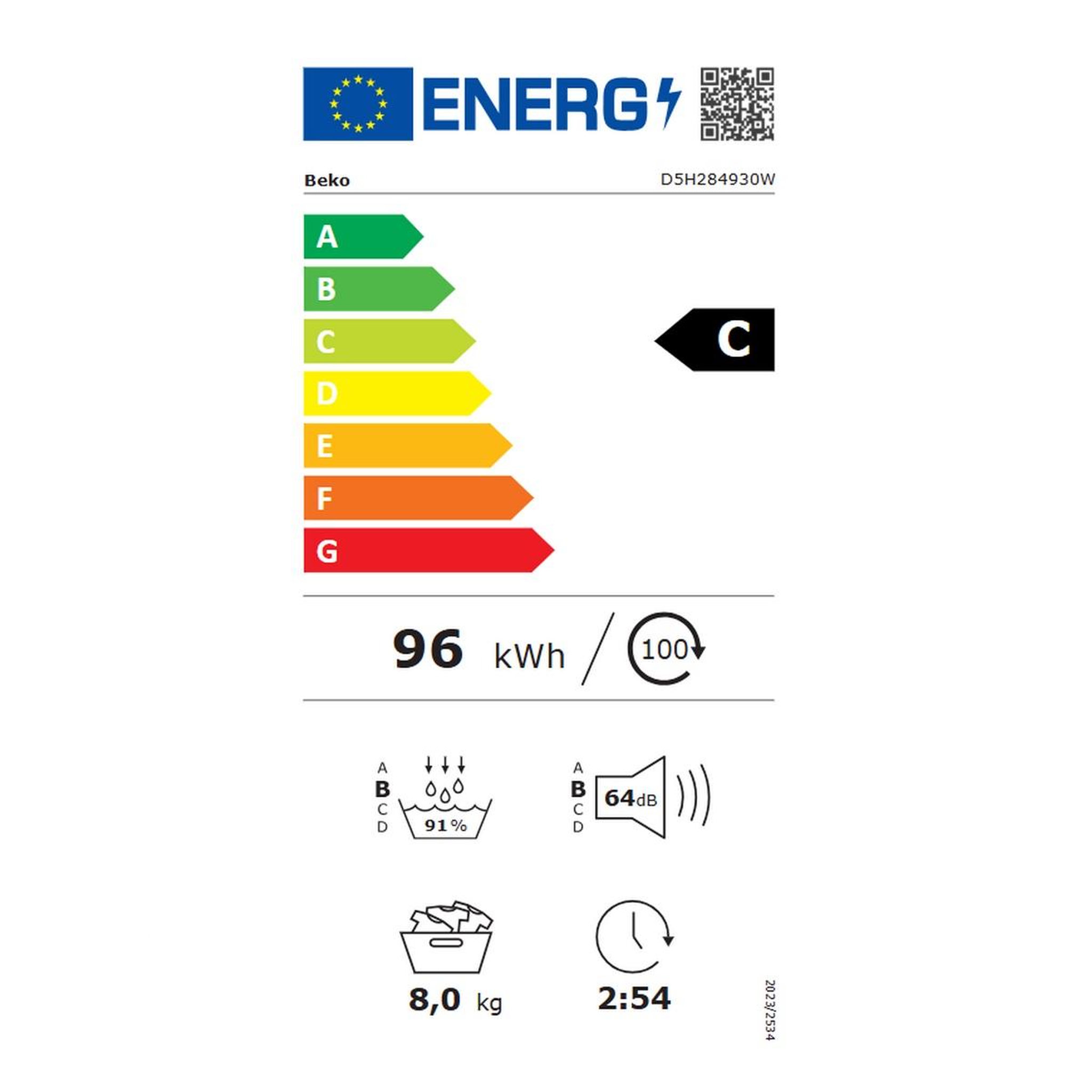 Voir la diapositive 2 : Beko Sèche-linge pompe à chaleur 60cm 8kg blanc - D5H284930W