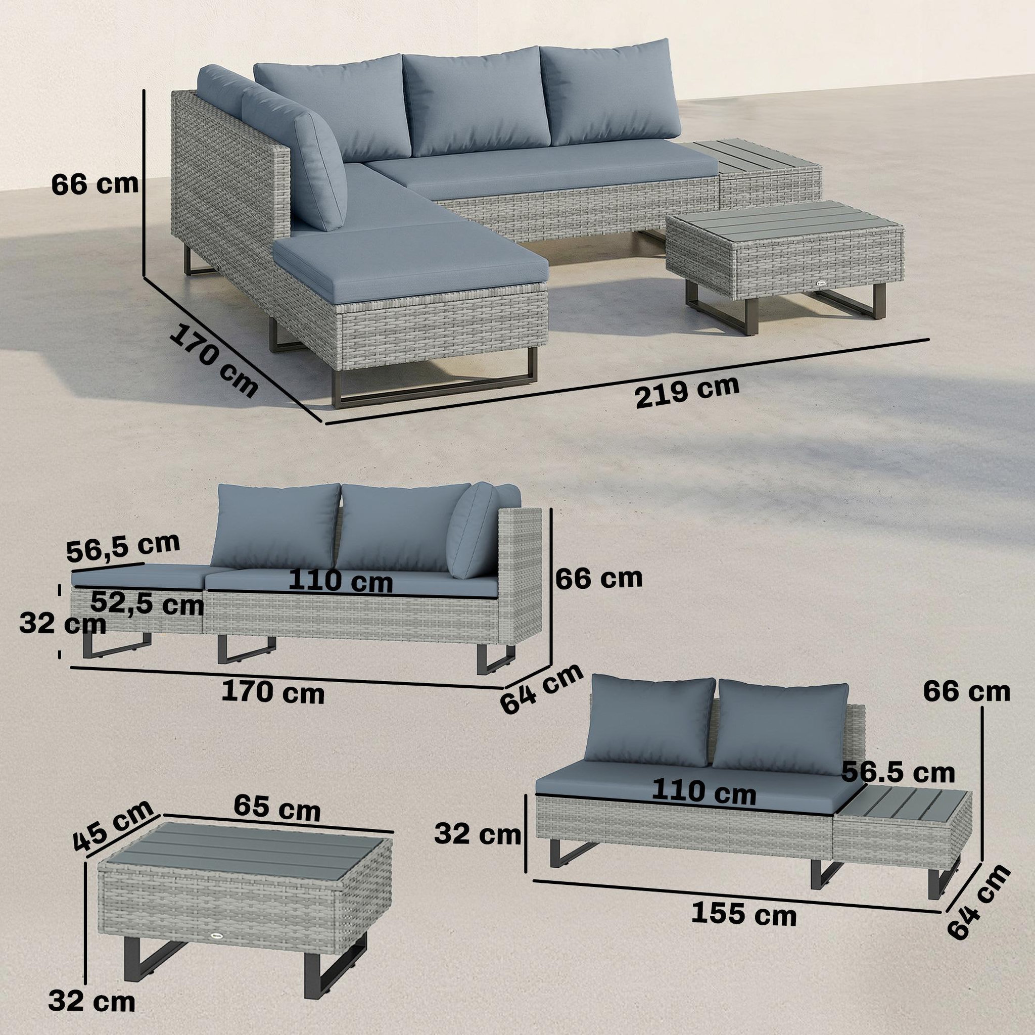 Voir la diapositive 3 : OUTSUNNY Salon de jardin d'angle 5 places méridienne relevable bout canapé table