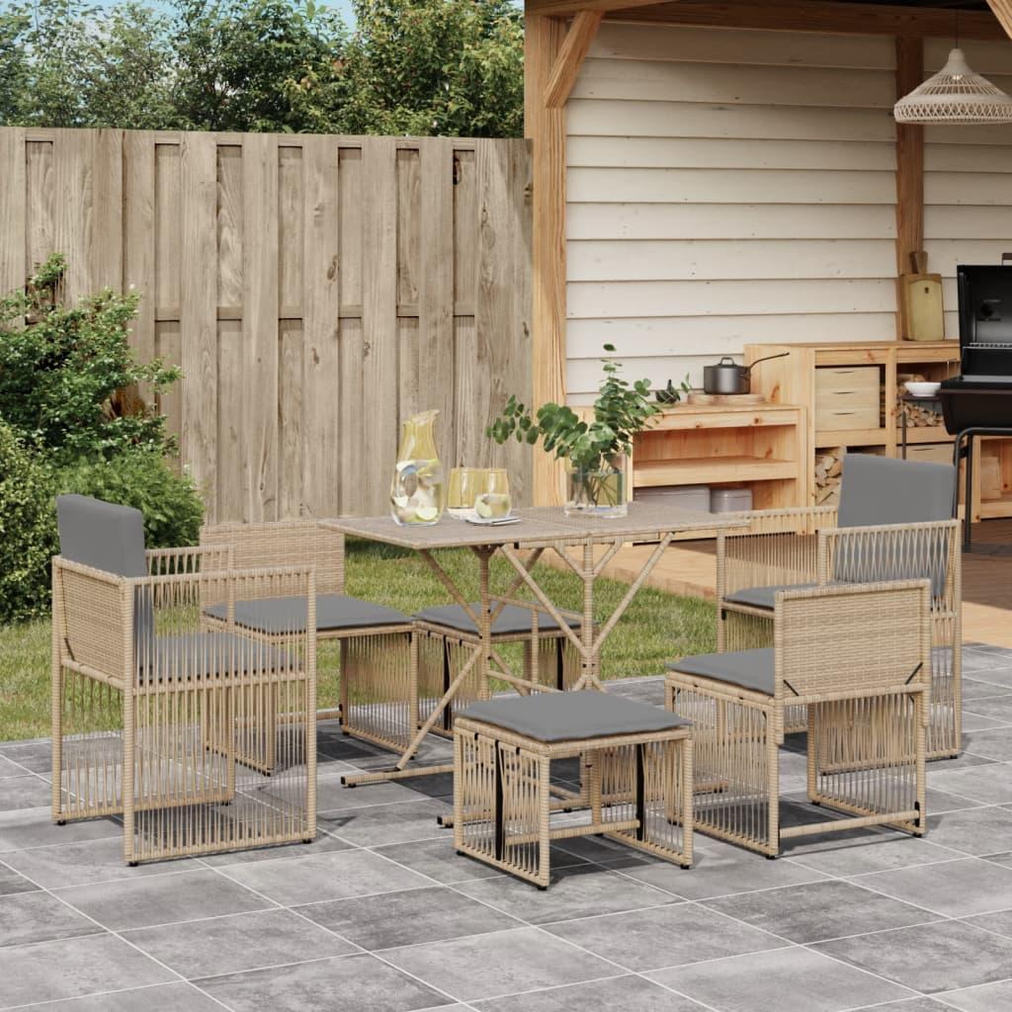 VIDAXL Ensemble a manger de jardin et coussins 7 pcs beige poly rotin