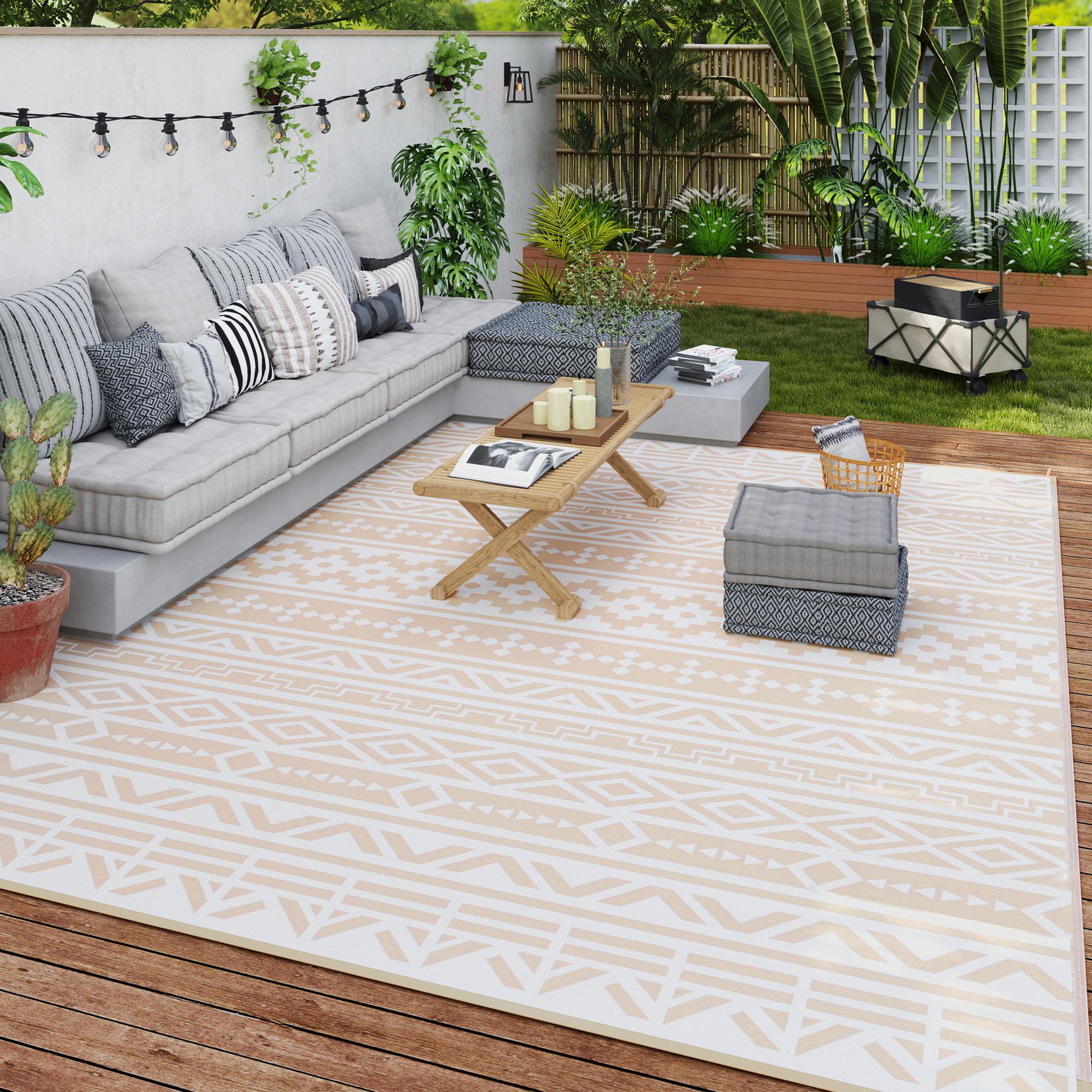 Voir la diapositive 2 : OUTSUNNY Tapis d'extérieur réversible motif graphique dim. 3,7 x 2,7 m sac transport inclus kaki beige