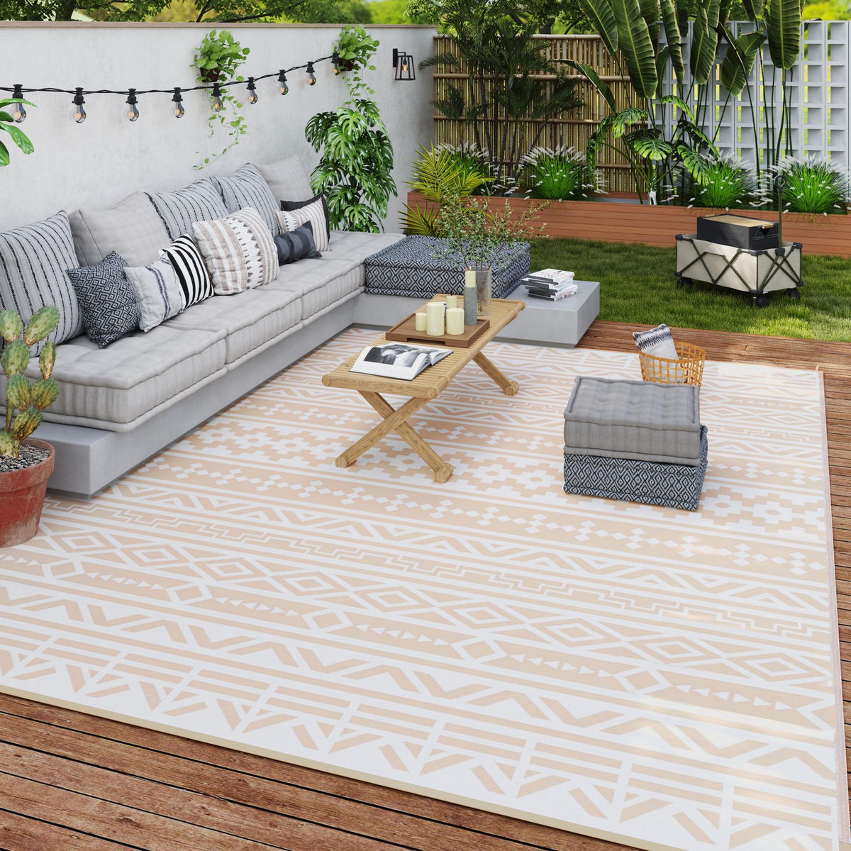 OUTSUNNY Tapis d'extérieur réversible motif graphique dim. 3,7 x 2,7 m sac transport inclus kaki beige