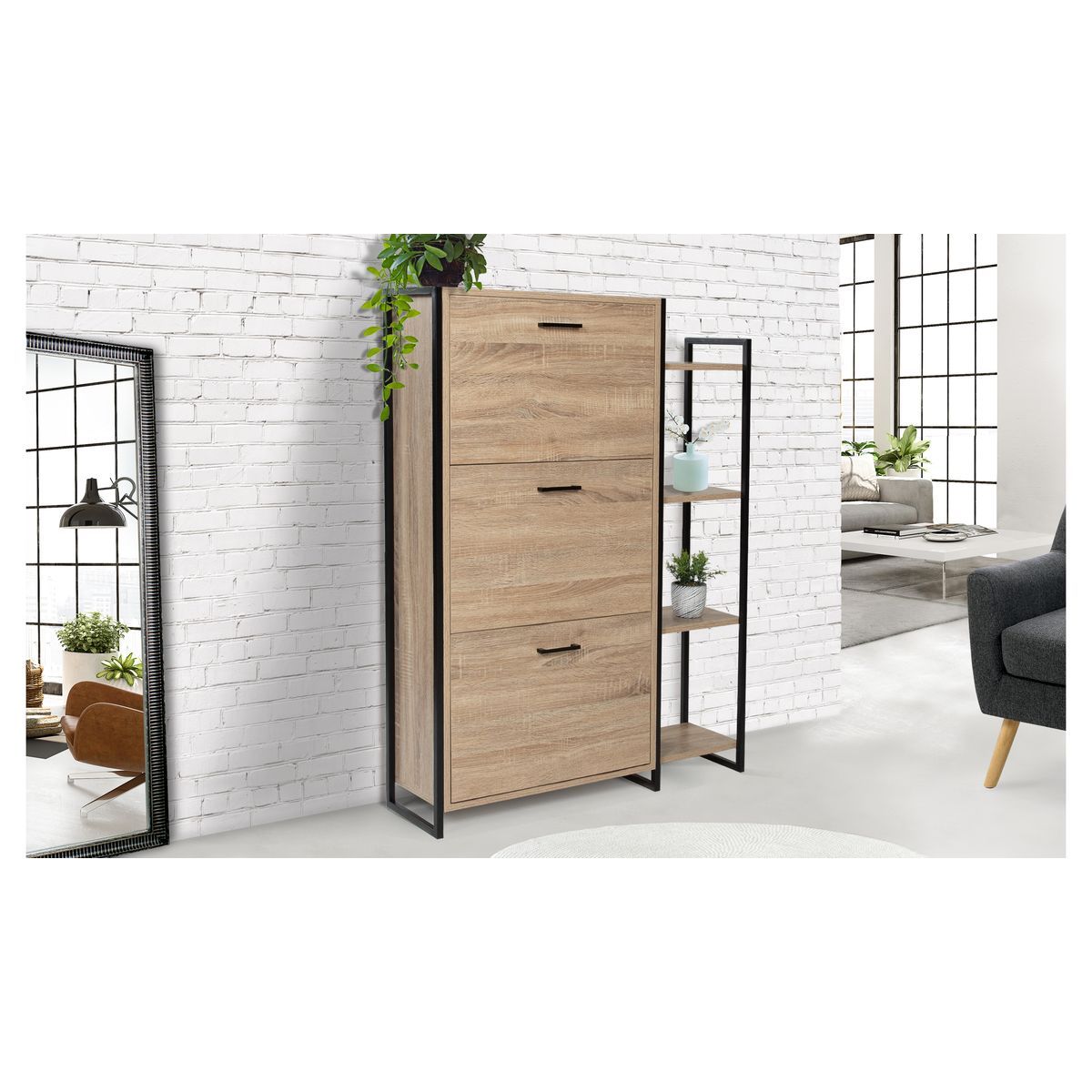 Meuble chaussures 3 portes + 4 étagères THEO