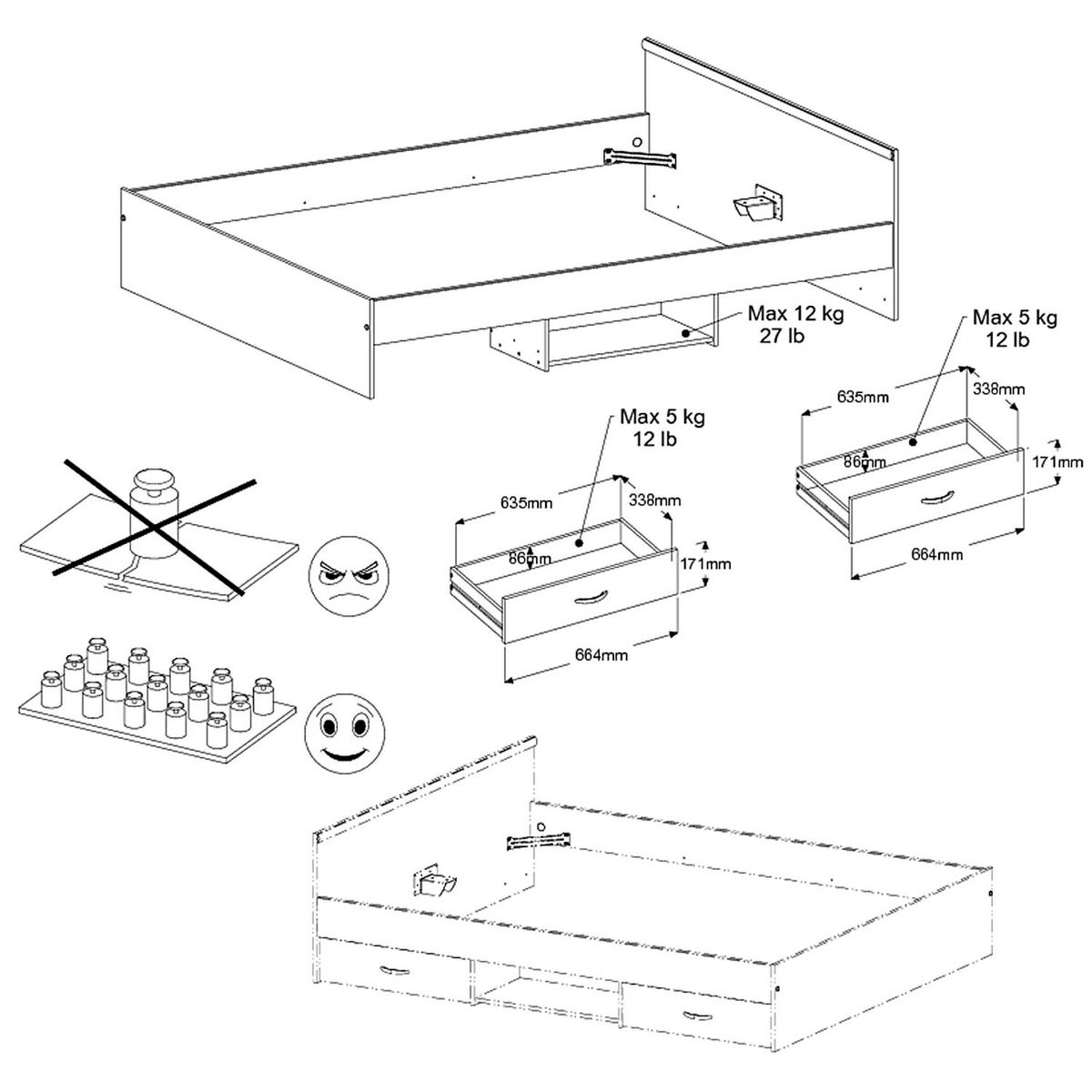 Lit double adulte 160x200 cm 2 tiroirs 1 niche DOWNTON 