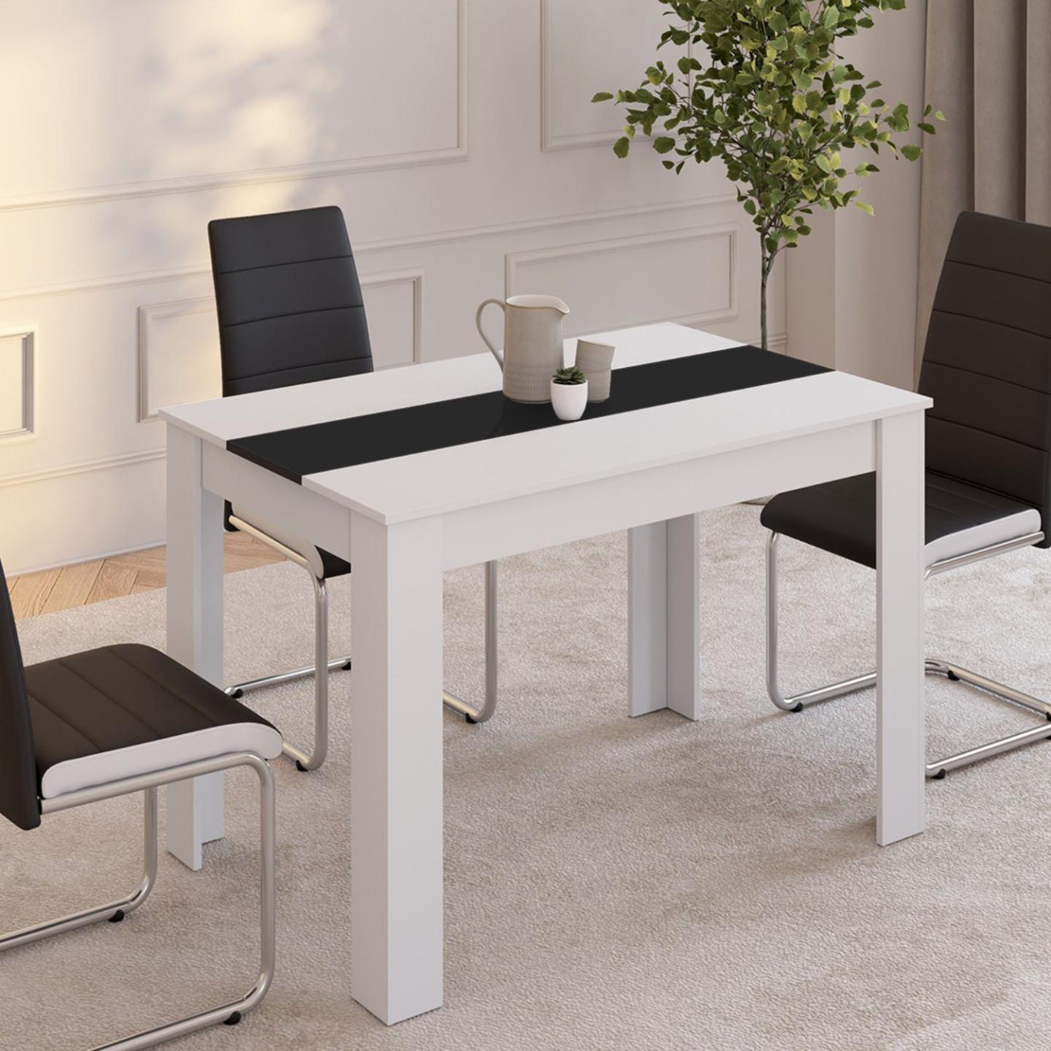 Voir la diapositive 2 : ID MARKET Table à manger rectangle rozy 4 personnes blanche et noire 110 cm