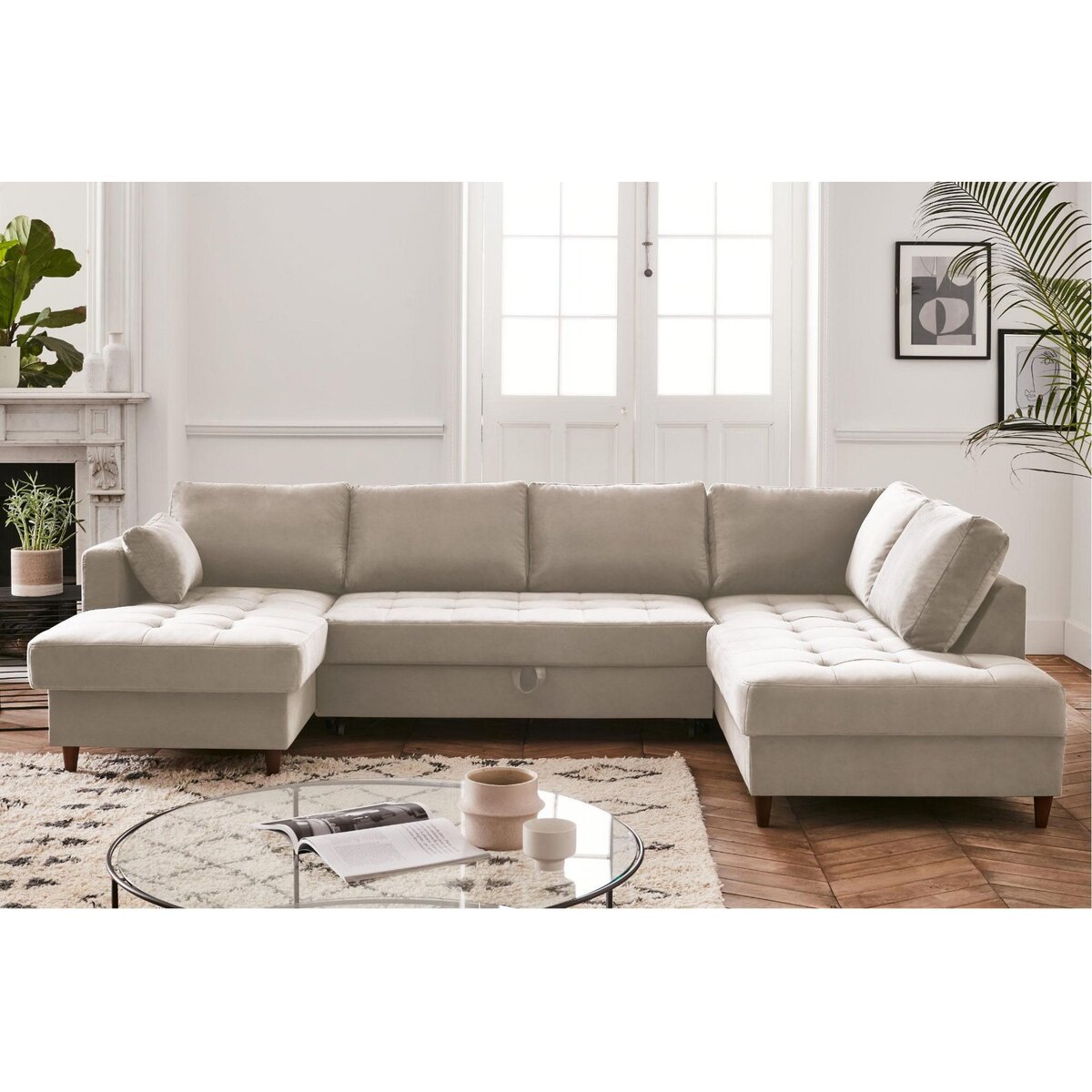 LISA DESIGN Anna - canapé panoramique d'angle droit - 7 places - convertible avec coffre - en velours