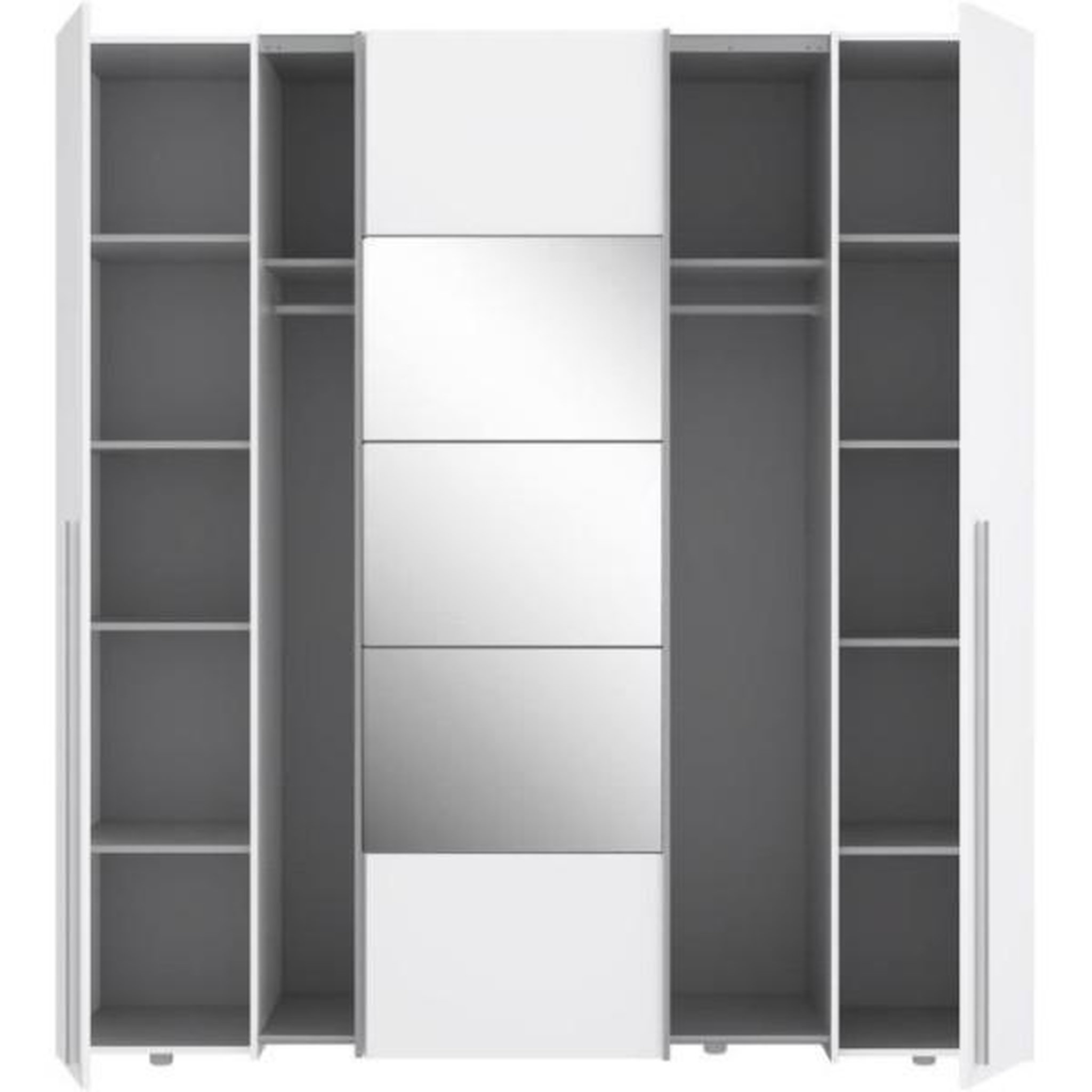 Voir la diapositive 5 : MARKET24 Armoire NARAGO - Décor Blanc mat - 2 portes coulissantes + miroir + 2 portes battantes + 2 penderies - L200 x P61 x H210 cm