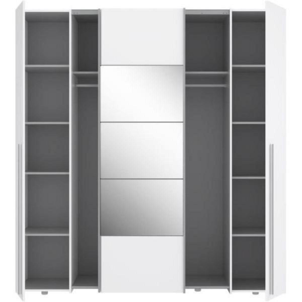MARKET24 Armoire NARAGO - Décor Blanc mat - 2 portes coulissantes + miroir + 2 portes battantes + 2 penderies - L200 x P61 x H210 cm