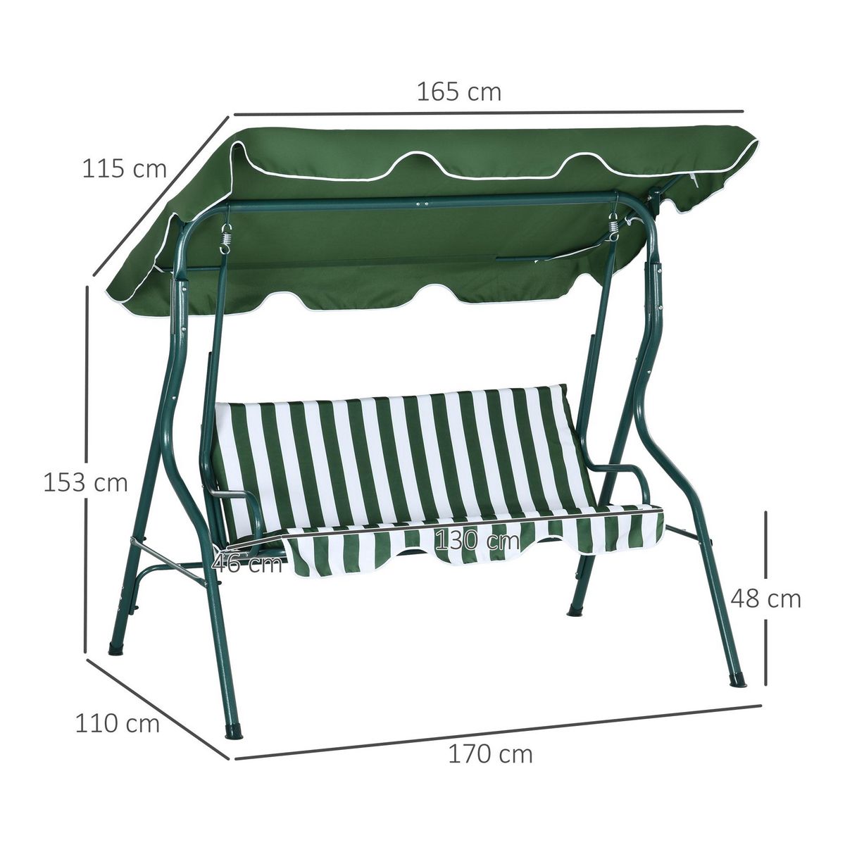 OUTSUNNY Balancelle de jardin 3 places coussins assise dossier vert blanc rayé