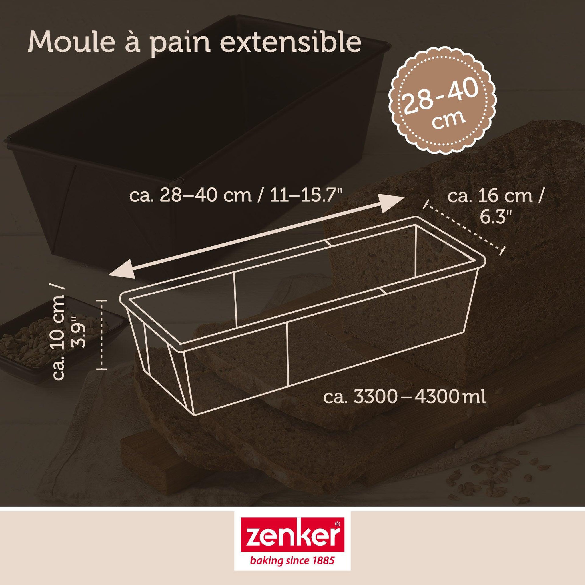 Voir la diapositive 5 : ZENKER Moule à cake extensible de 28 à 40 cm zenker pure