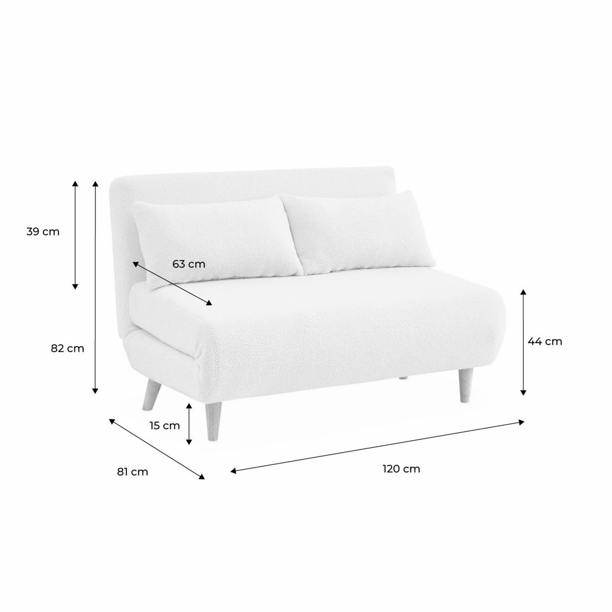 SWEEEK Canapé convertible en tissu bouclettes blanches- Guesta - 2 places scandinave. pieds bois foncé. banquette. dossier inclinable