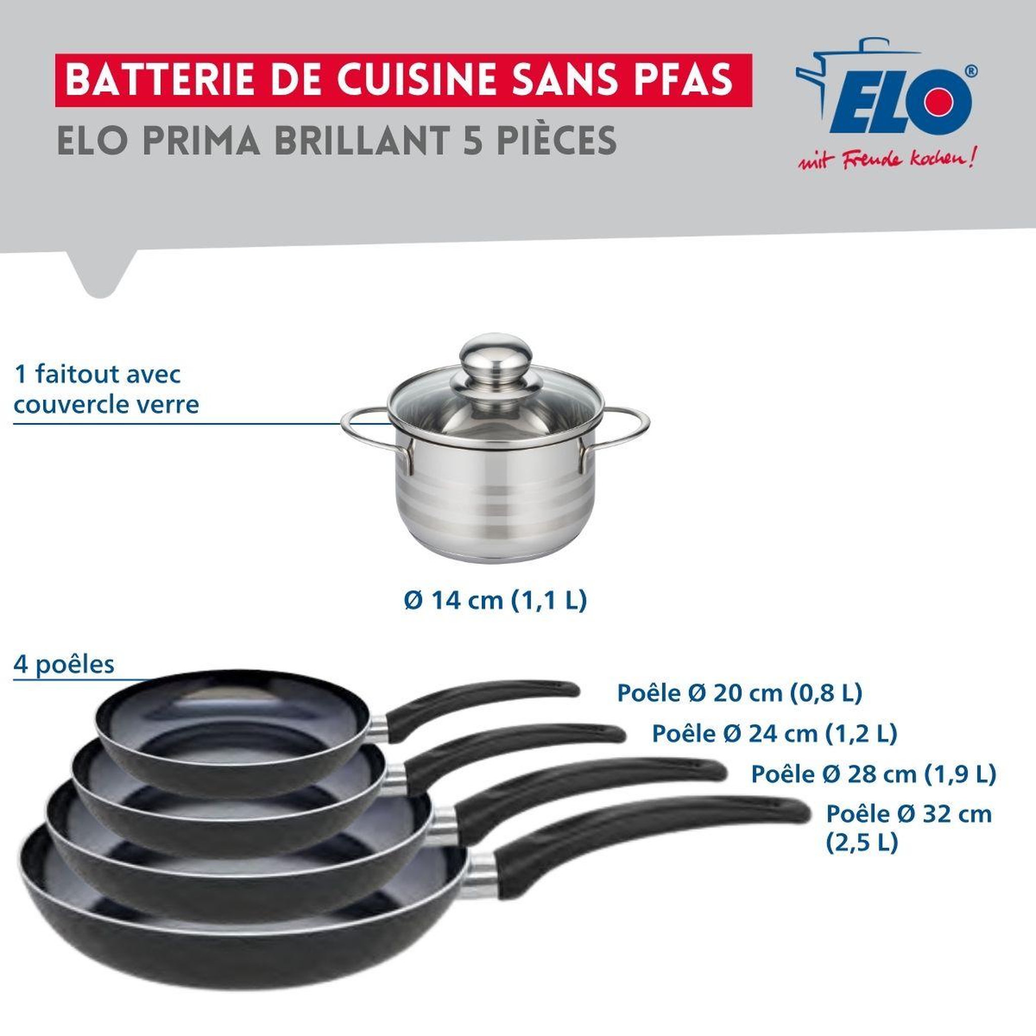 Voir la diapositive 2 : ELO Ensemble de 4 poêles de cuisson 20, 24, 28 et 32 cm et 1 faitout 14 cm elo prima brillant