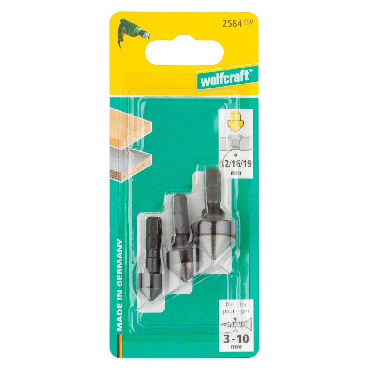 WOLFCRAFT Lot de 3 fraises à encastrer HSS 6 pans WOLFCRAFT, diamètre 8-12-16 mm