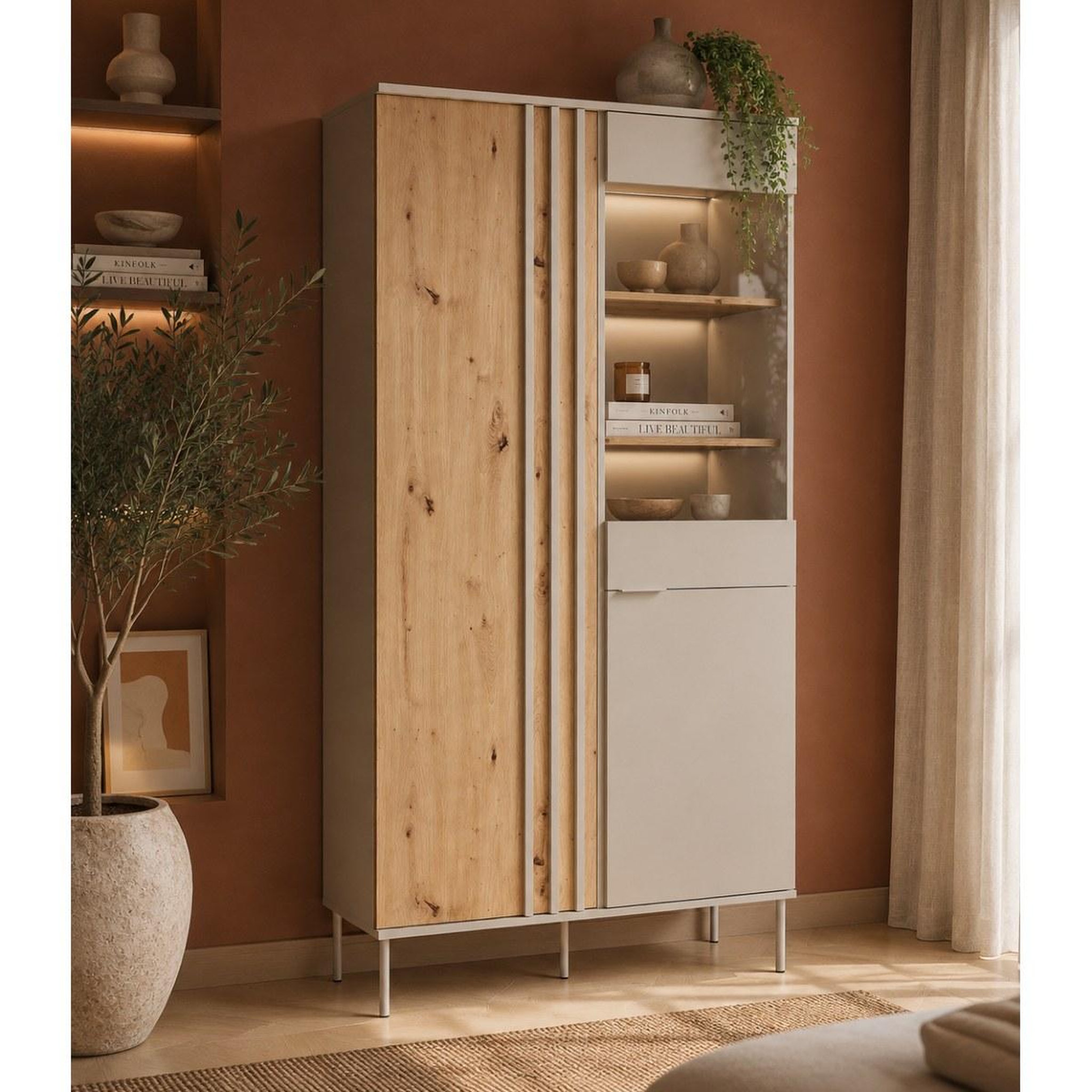 Voir la diapositive 2 : JLC KREATION Vitrine 2 portes moderne beige et bois irina