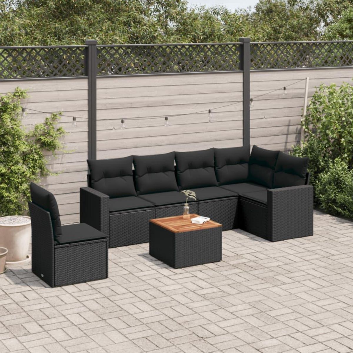 VIDAXL Salon de jardin 7 pcs avec coussins noir resine tressee