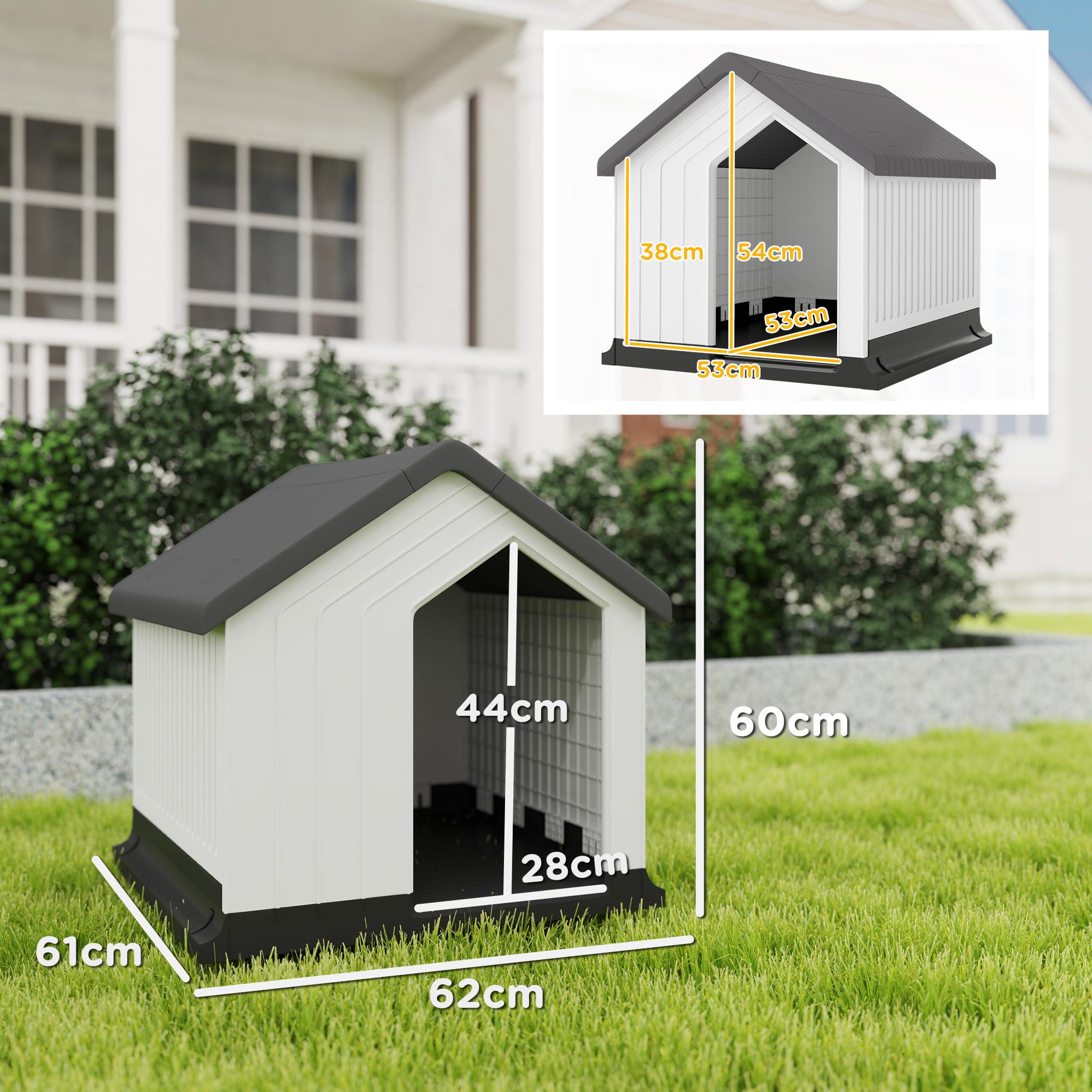 Voir la diapositive 3 : PAWHUT Niche chien extérieure - maison chien - niche plastique - grille d'aération - dim. 62L x 61l x 60H cm - blanc gris noir