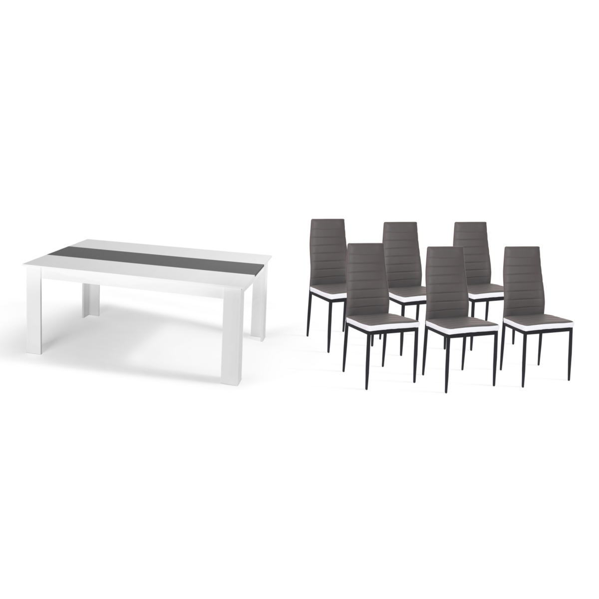 ID MARKET Ensemble table à manger GEORGIA 140 cm blanche et grise et 6 chaises ROMANE grises liseré blanc