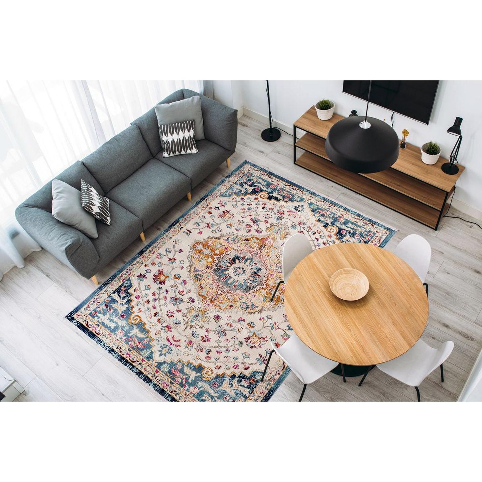 Voir la diapositive 2 : Paris Prix Tapis Oriental Effet Usé  Anouk  Blanc & Bleu