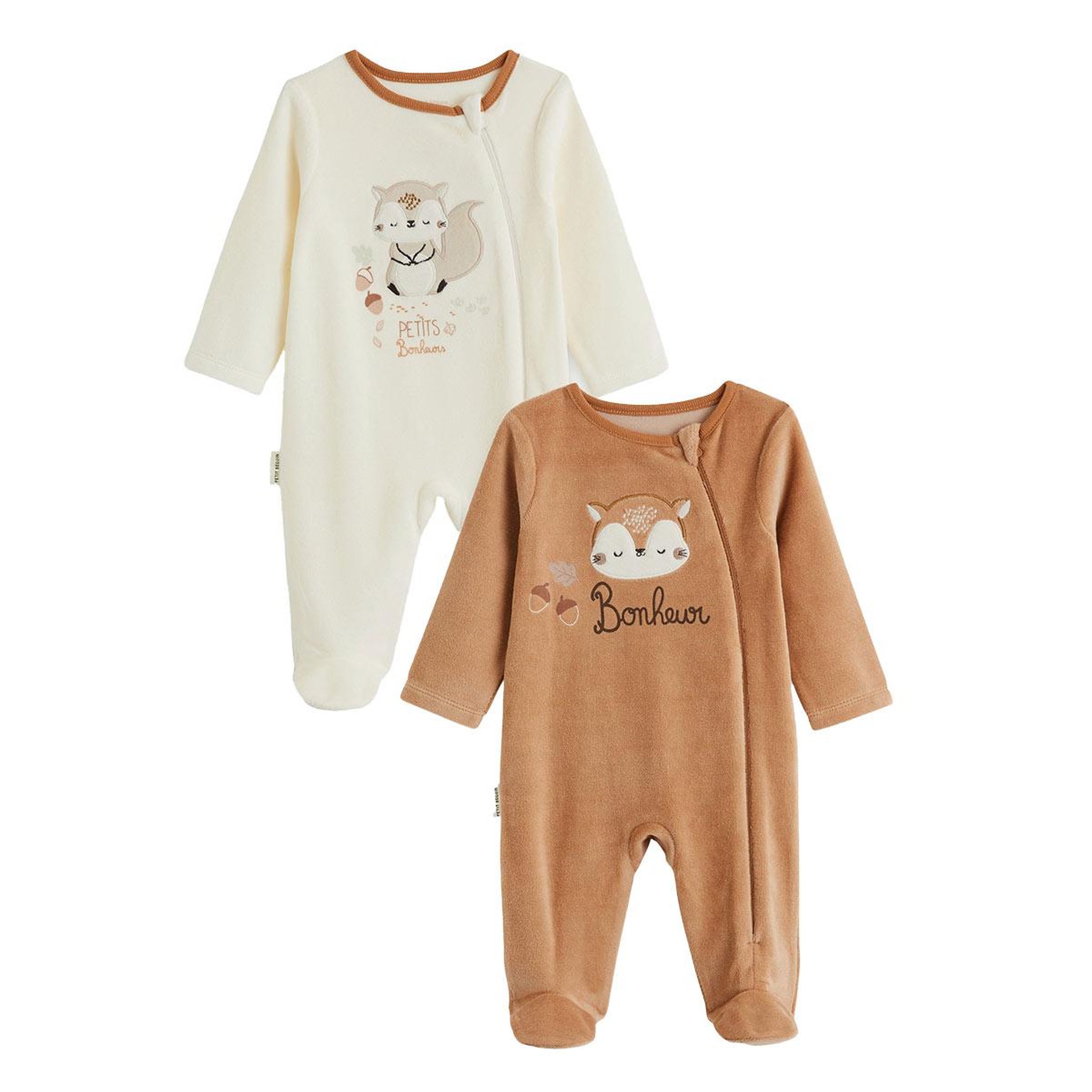 PETIT BEGUIN Lot de 2 pyjamas bébé en velours ouverture zippée caramel. Coloris disponibles : Marron