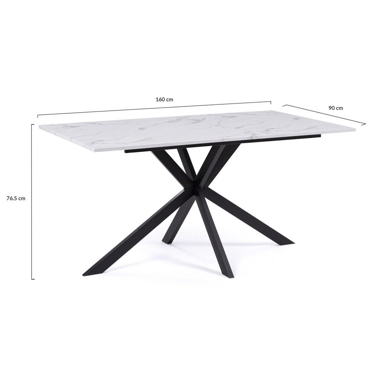 ID MARKET Table à manger rectangle ALIX 8 personnes pied araignée noir et plateau effet marbre blanc ALASKA 160 cm